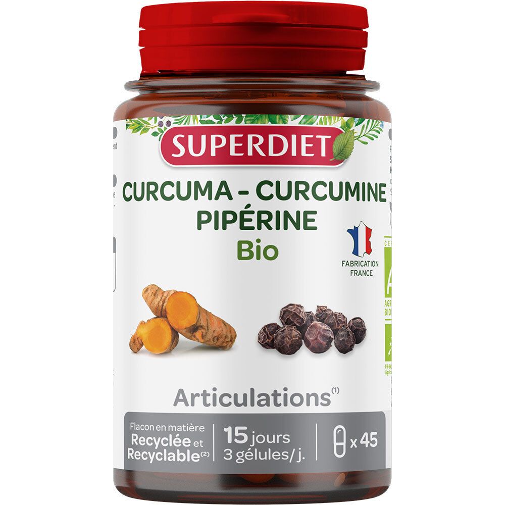 Flacon marron avec bouchon rouge. Inscription: SUPER DIET, Curcuma-Curcumine Pipérine Bio. Illustration de curcuma et grains de poivre.