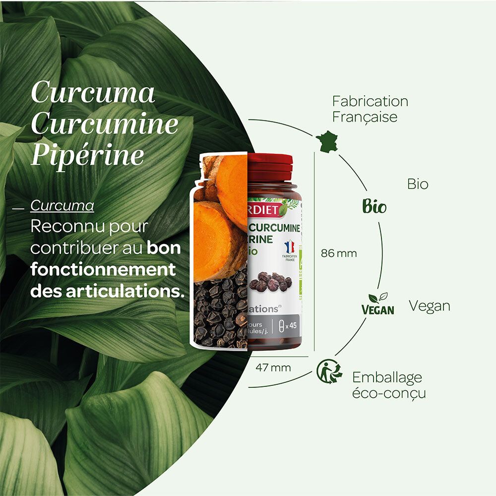 Graphique avec flacon, curcuma, poivre et feuilles. Dimensions: 86mm x 47mm. Logos: Bio, Vegan, Emballage éco-conçu.