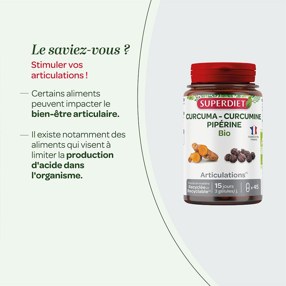 Flacon à côté du texte: 'Stimulez vos articulations!'. Texte sur l'alimentation et le bien-être articulaire.