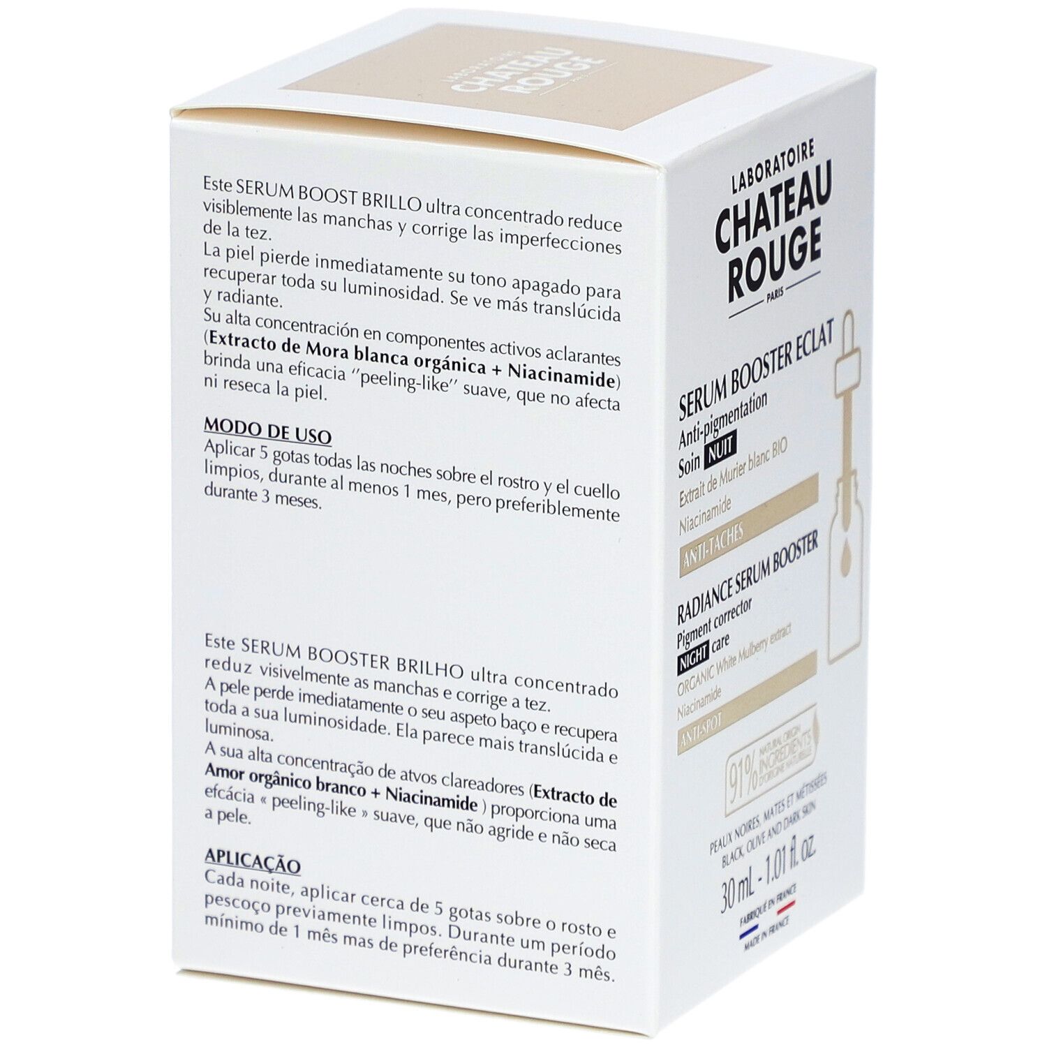 Emballage avec informations produit. Texte: SERUM BOOST BRILLO, réduit les taches et corrige les imperfections. Mode d'emploi.