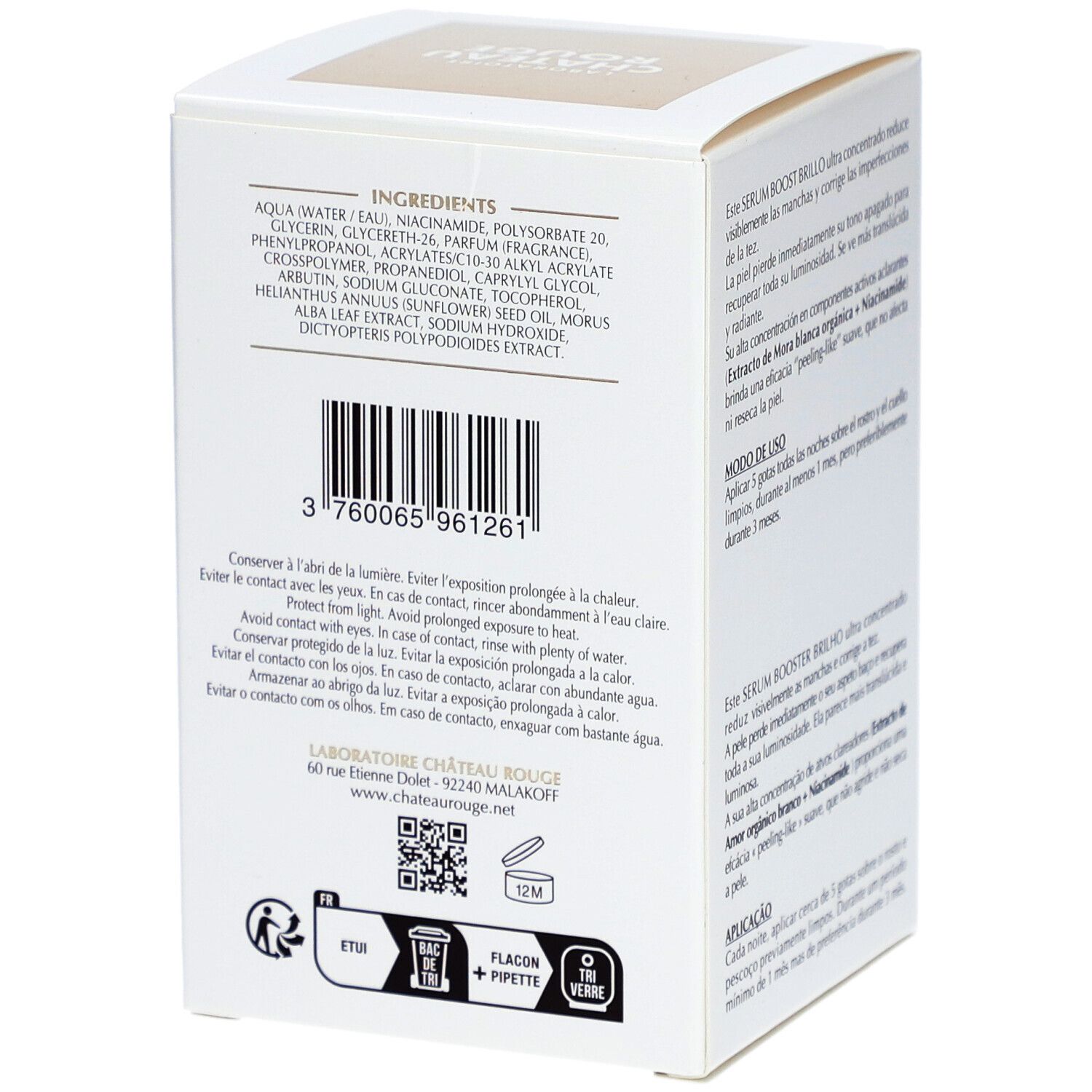 Emballage avec ingrédients et avertissements. Texte: INGREDIENTS, 3 760065 961261, 12M, Bac de tri + pipette, Verre.
