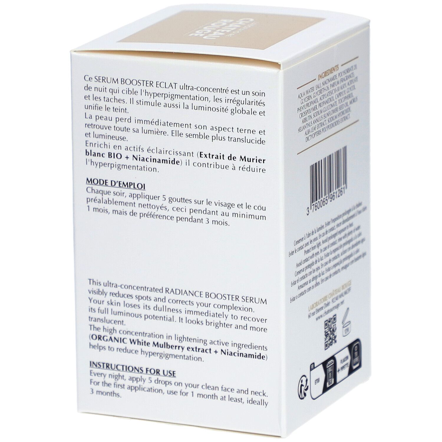 Emballage avec informations produit. Texte: SERUM BOOSTER ECLAT, réduit l'hyperpigmentation, mode d'emploi, 3 mois.