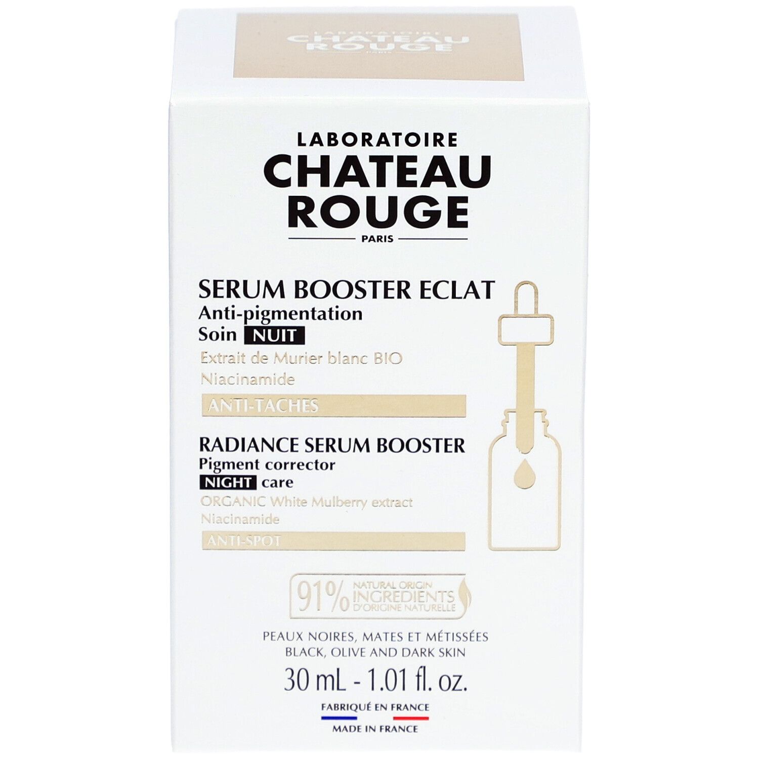 Boîte blanche avec informations produit. Texte: LABORATOIRE CHATEAU ROUGE, SERUM BOOSTER ECLAT, Anti-pigmentation, 30 ml.