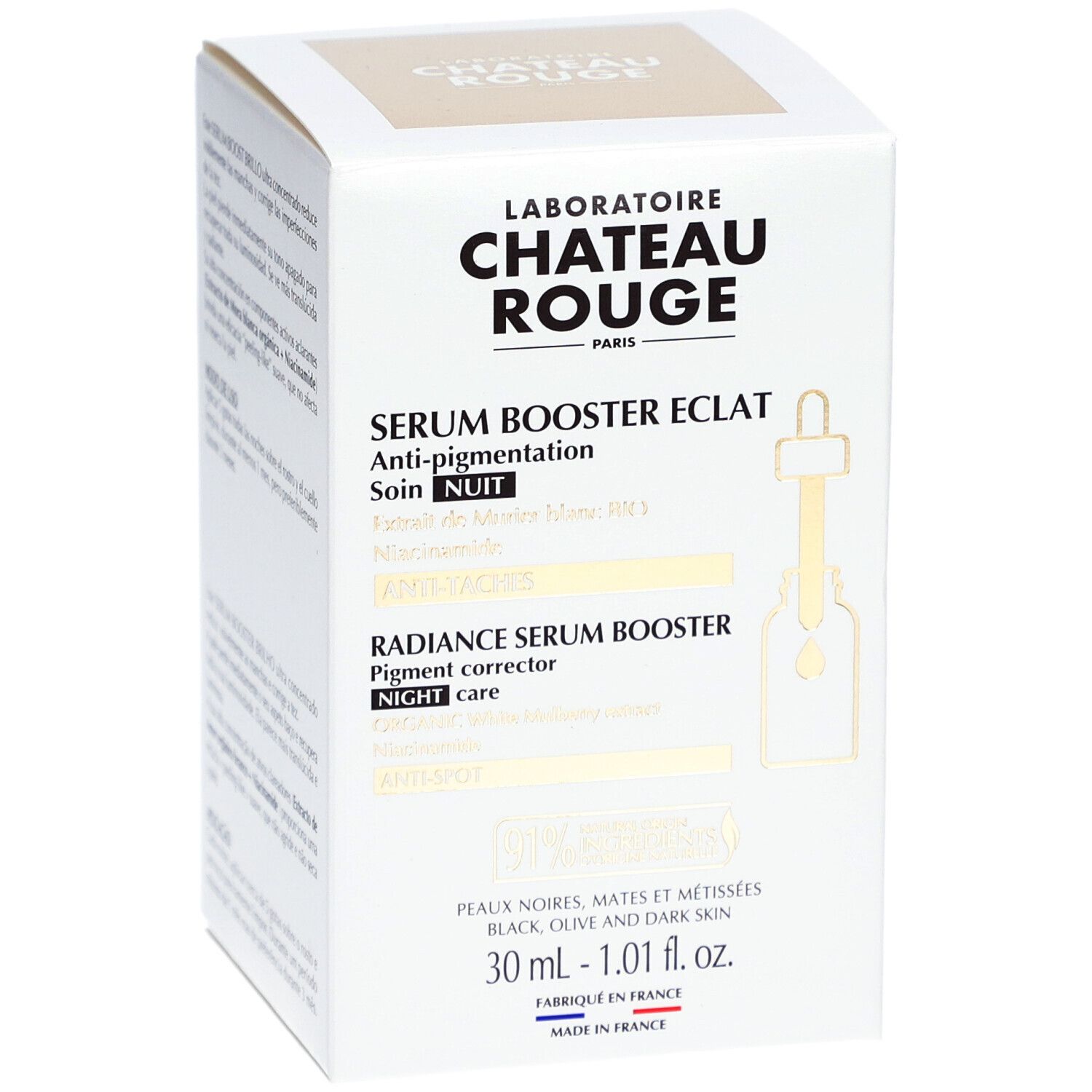 Boîte blanche avec informations produit. Texte: LABORATOIRE CHATEAU ROUGE, SERUM BOOSTER ECLAT, Anti-pigmentation, 30 ml.