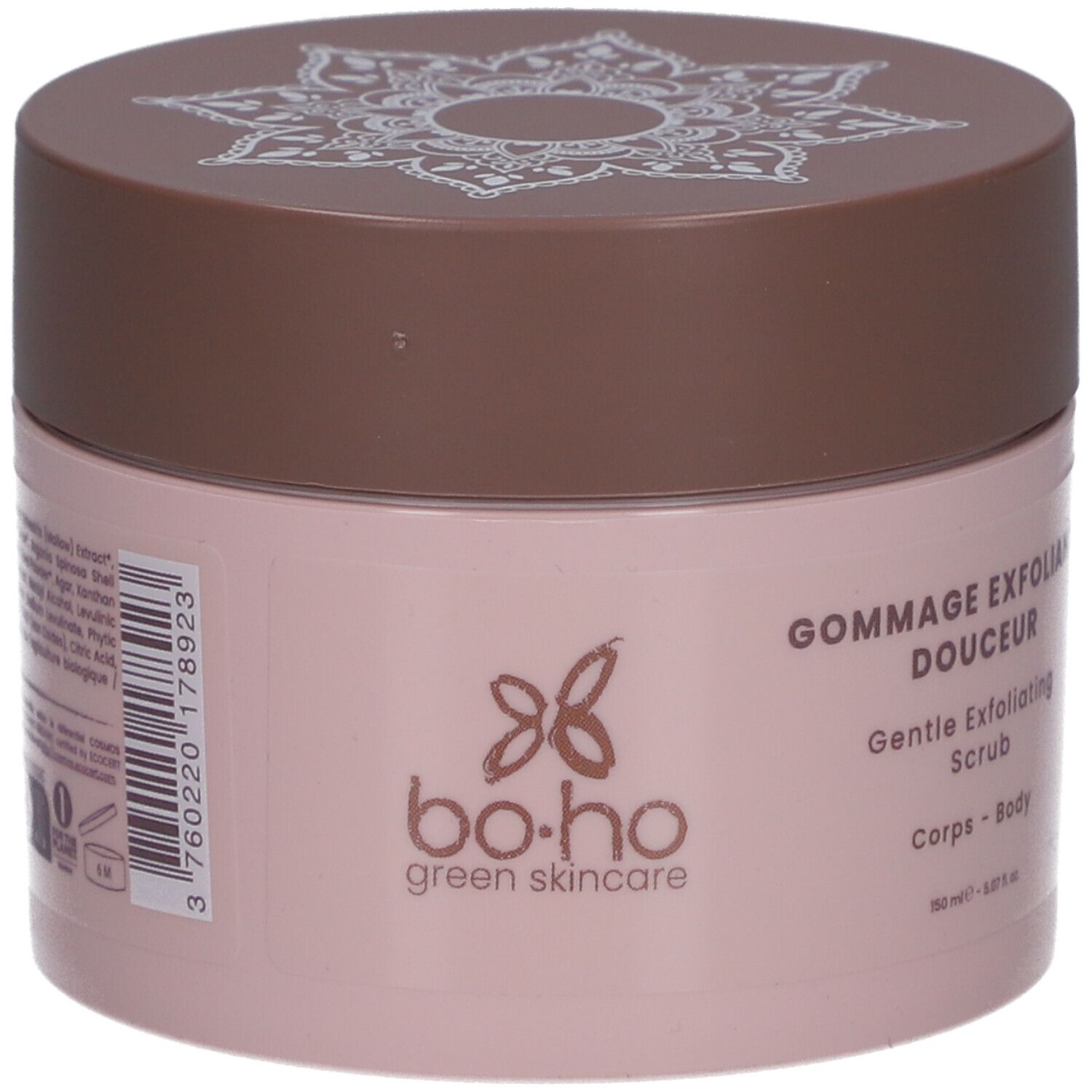 Pot rose avec couvercle marron. Inscription : bo.ho green skincare, Gommage Exfoliant Douceur, Gentle Exfoliating Scrub, Corps-Body.