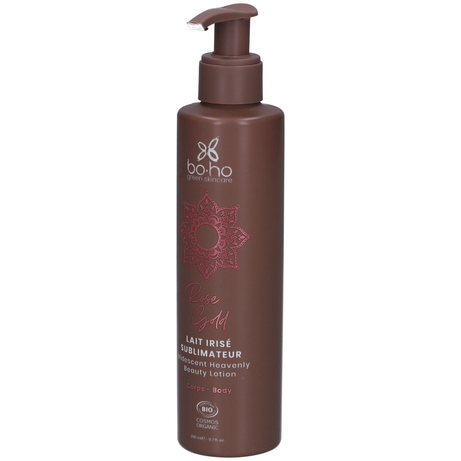 Flacon marron avec pompe. Inscription : Lait Irisé Sublimateur. Logo : bo-ho green skincare. Certification bio.