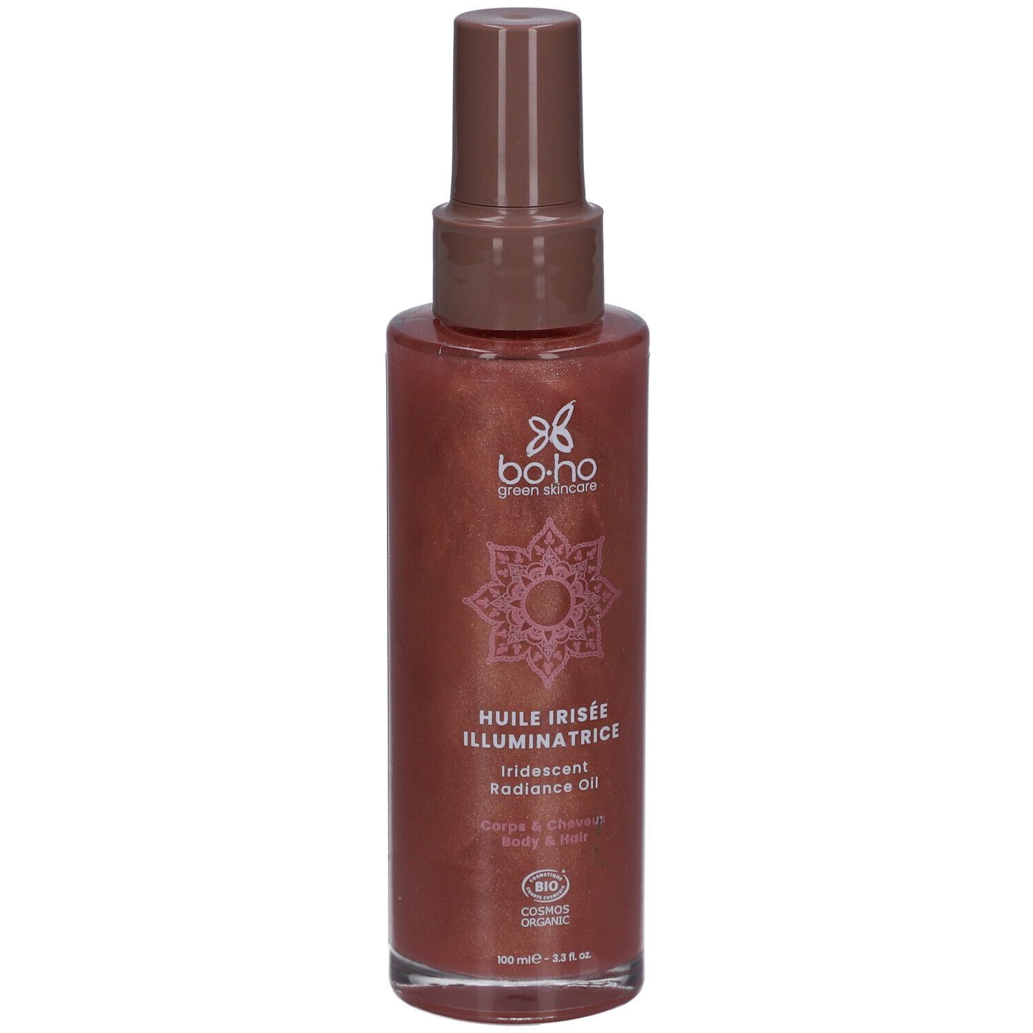 Flacon spray brun. Texte: Huile Irisée Illuminatrice, Iridescent Radiance Oil. Certification bio. Pour corps et cheveux.