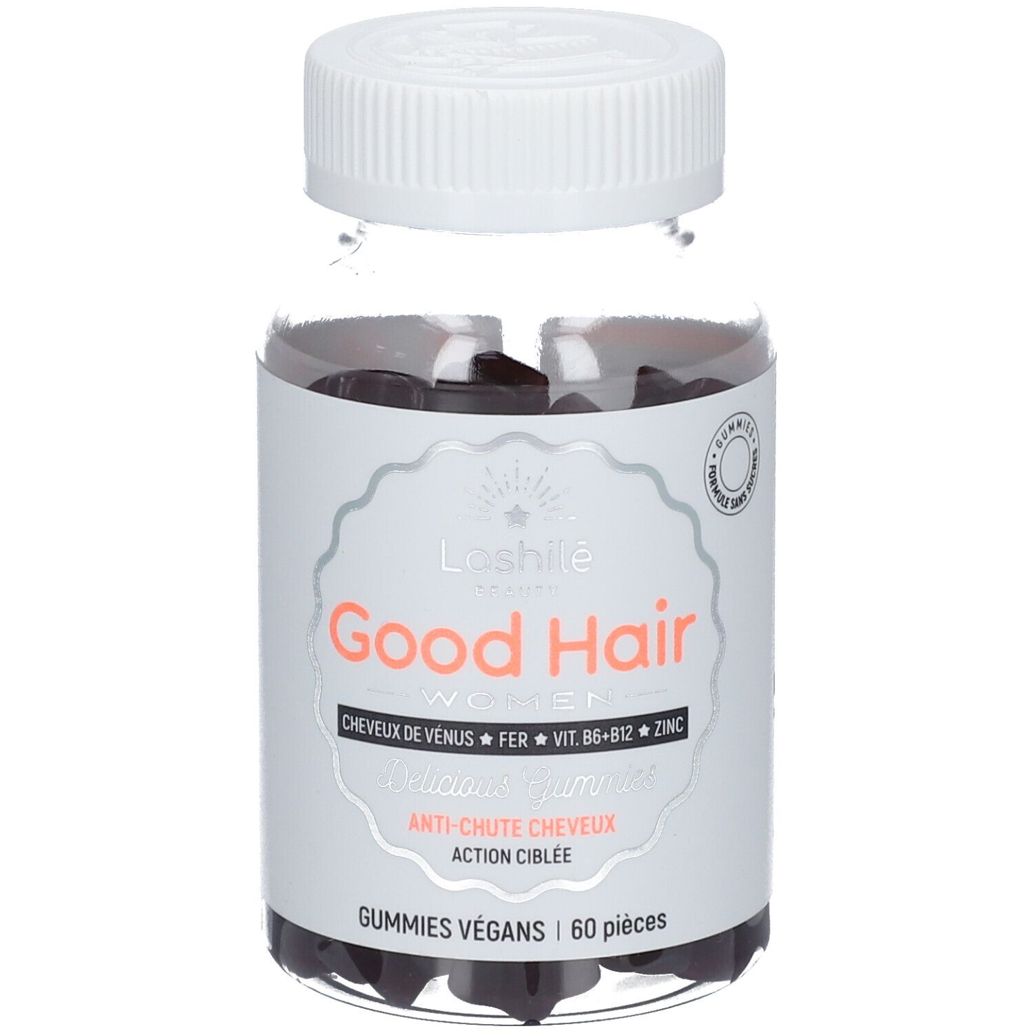 Flacon transparent de gummies noirs. Étiquette "Good Hair" et ingrédients. Couvercle ouvert.