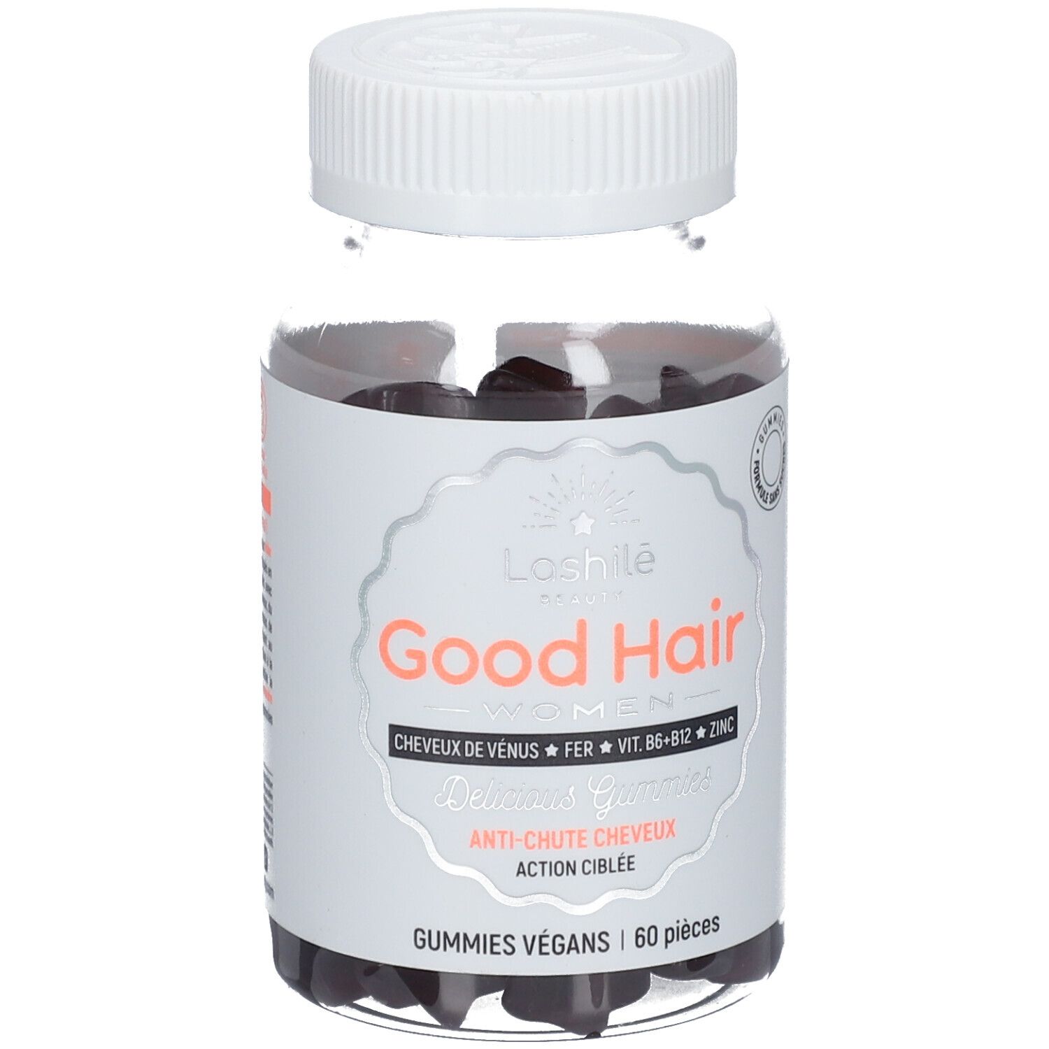 Flacon transparent de gummies noirs. Étiquette "Good Hair" et ingrédients. Couvercle ouvert.