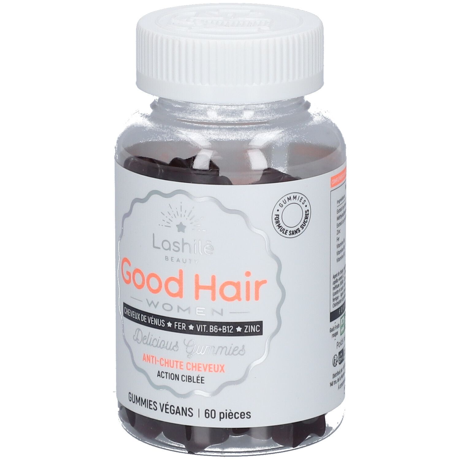 Flacon transparent de gummies noirs. Étiquette "Good Hair" et ingrédients. Couvercle ouvert.