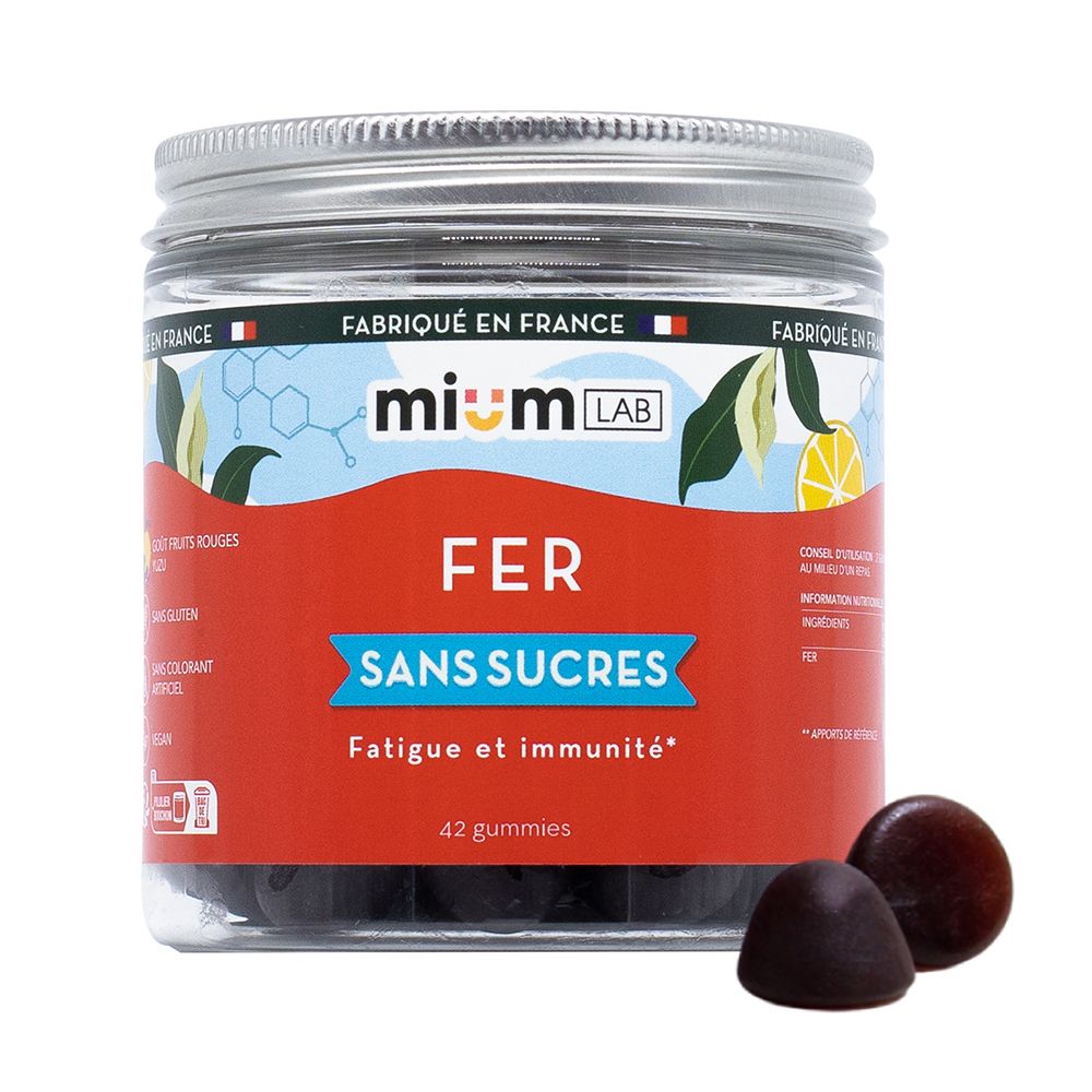 Pot de gummies et deux gummies à côté. Étiquette rouge avec texte: FER, sans sucres. Marque: mium LAB. Fabriqué en France.