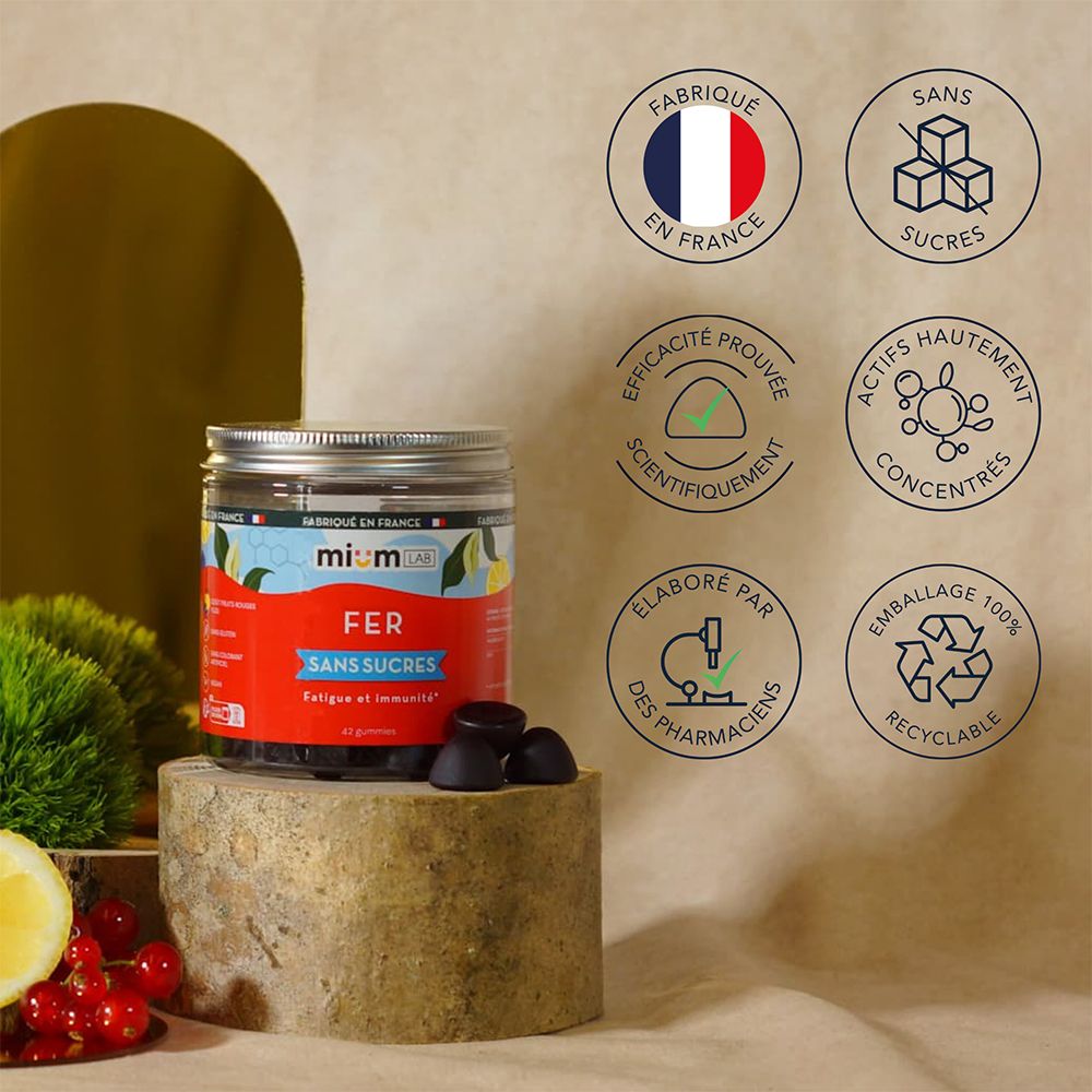 Pot de gummies. Étiquette rouge avec texte: FER, sans sucres. Marque: mium LAB. Fabriqué en France. Divers logos.