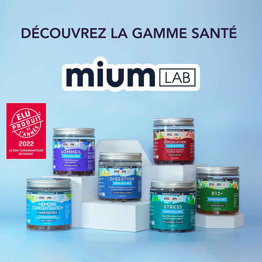 Différents produits de la marque mium LAB. Sur un piédestal. Produits pour le sommeil, la digestion, la concentration, le stress, B12 et la circulation.