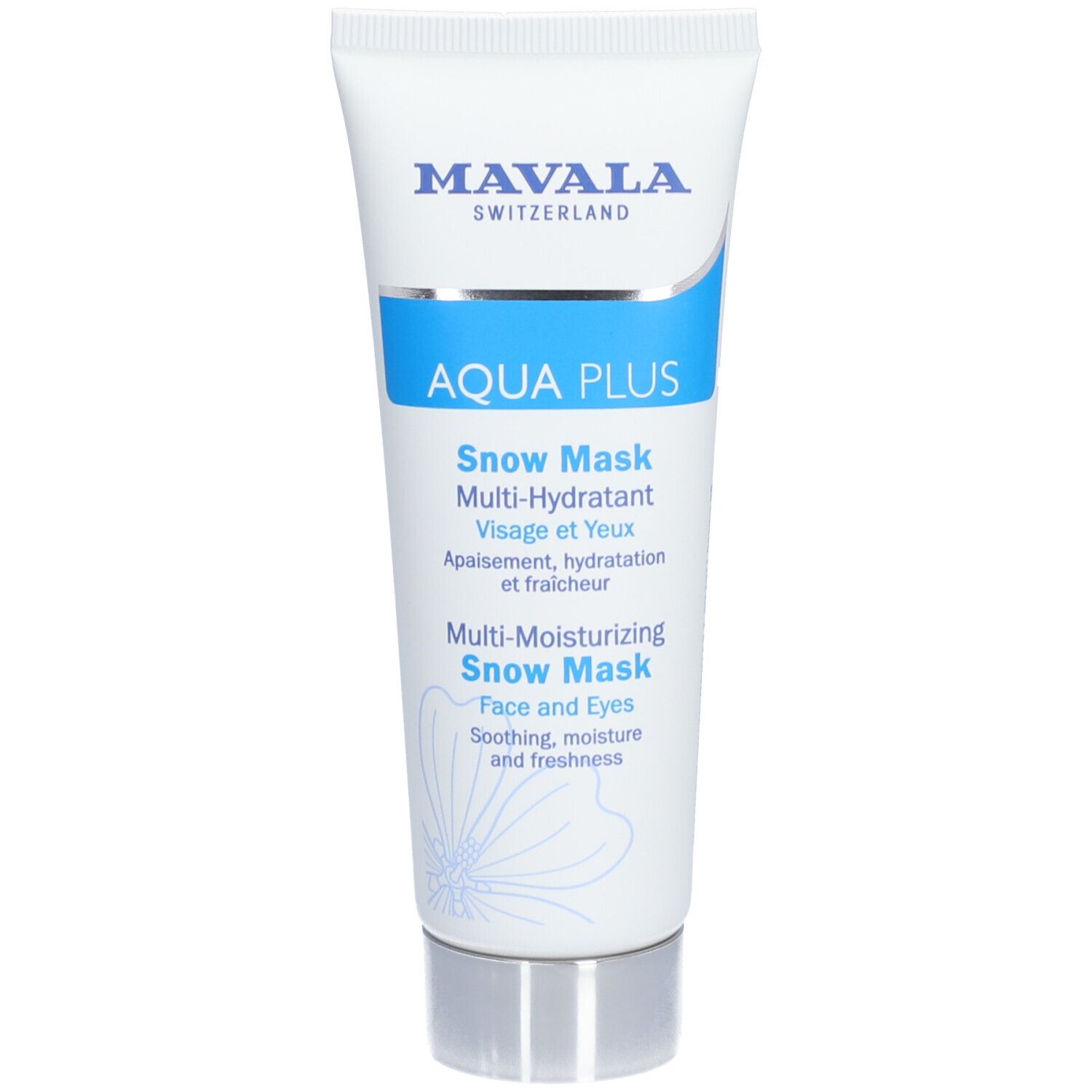 Tube blanc avec texte bleu. Contient Mavala AQUA PLUS Snow Mask. Texte: Multi-Hydratant, visage et yeux.