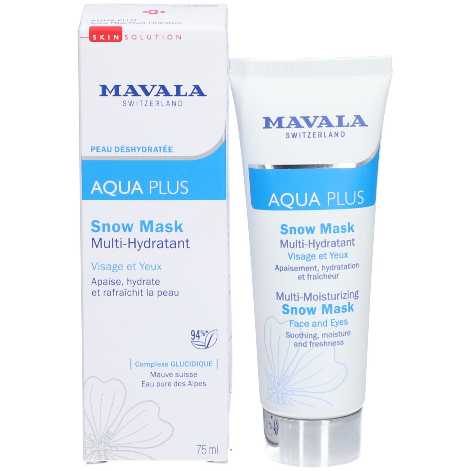Emballage du produit avec tube. Mavala AQUA PLUS Snow Mask. Boîte blanche avec accents bleus. 75 ml.