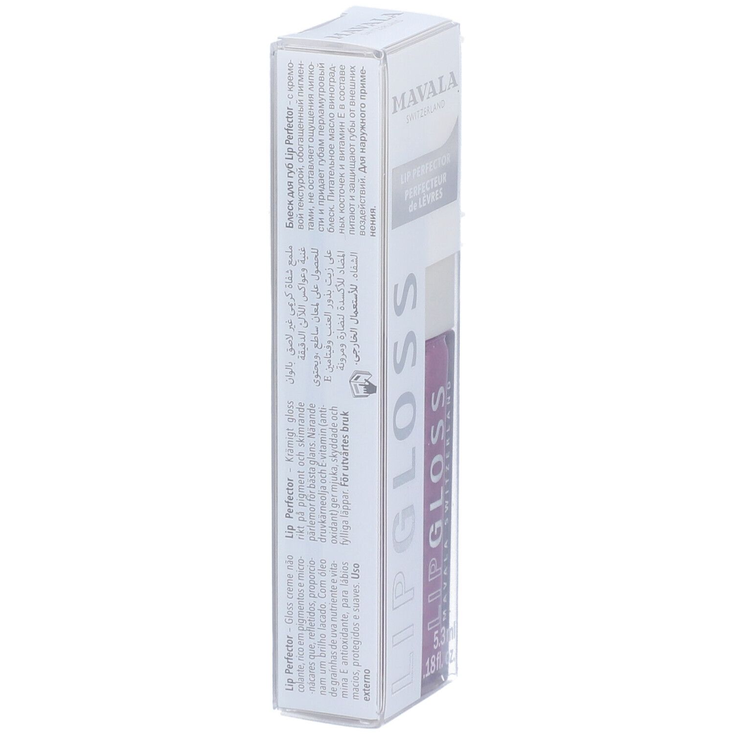Verpackung des Lipgloss. Text in mehreren Sprachen. Marke Mavala. Aufschrift: Lip Perfector.