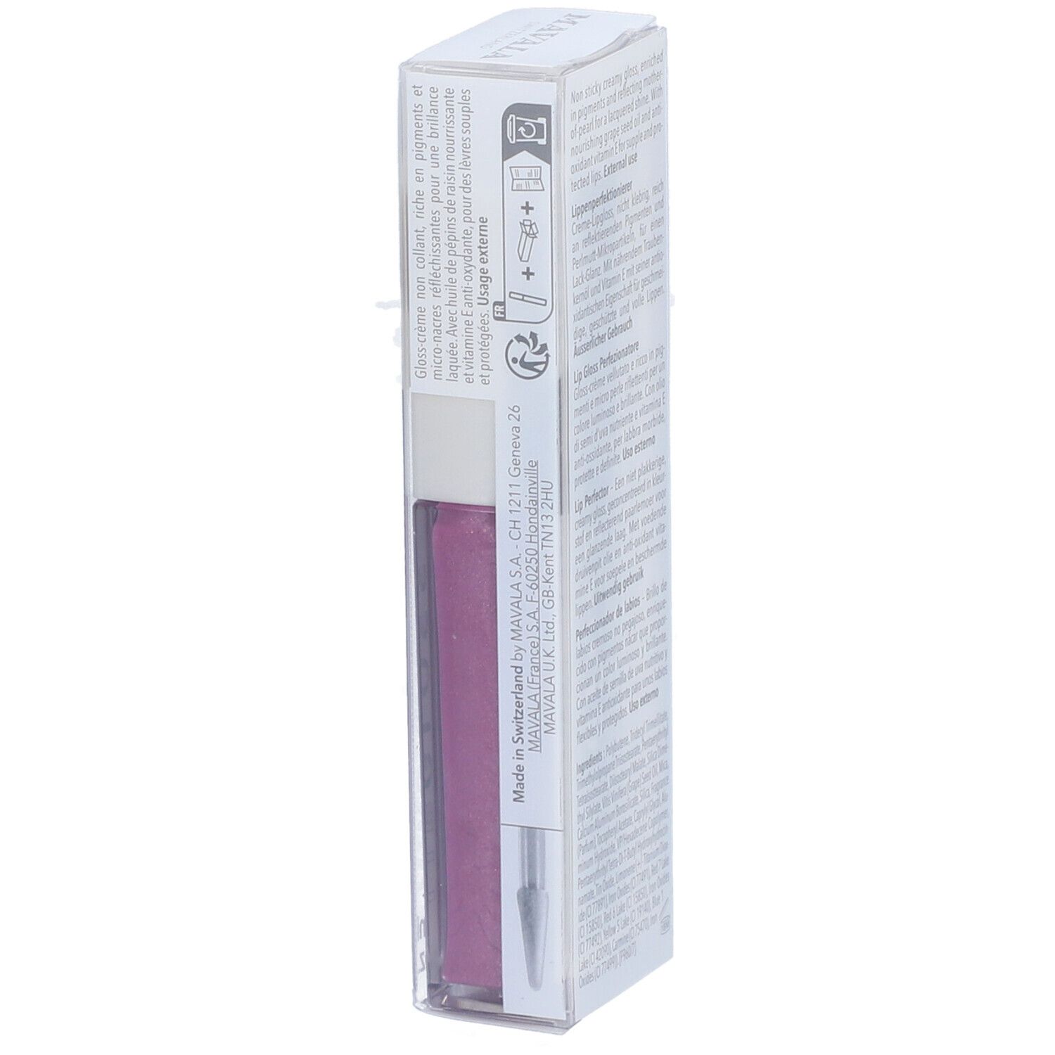 Verpackung des Lipgloss. Text in mehreren Sprachen. Marke Mavala. Hergestellt in der Schweiz.