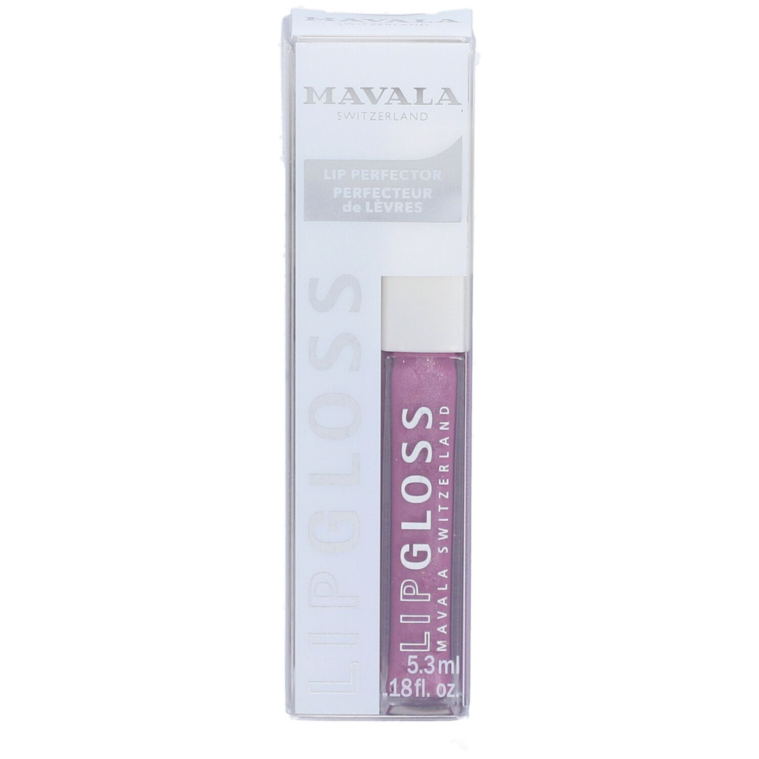 Lipgloss in Verpackung. Marke Mavala. Transparentes Gehäuse mit rosa Lipgloss. Text: Lipgloss, 5.3ml, 1.8 fl. oz.