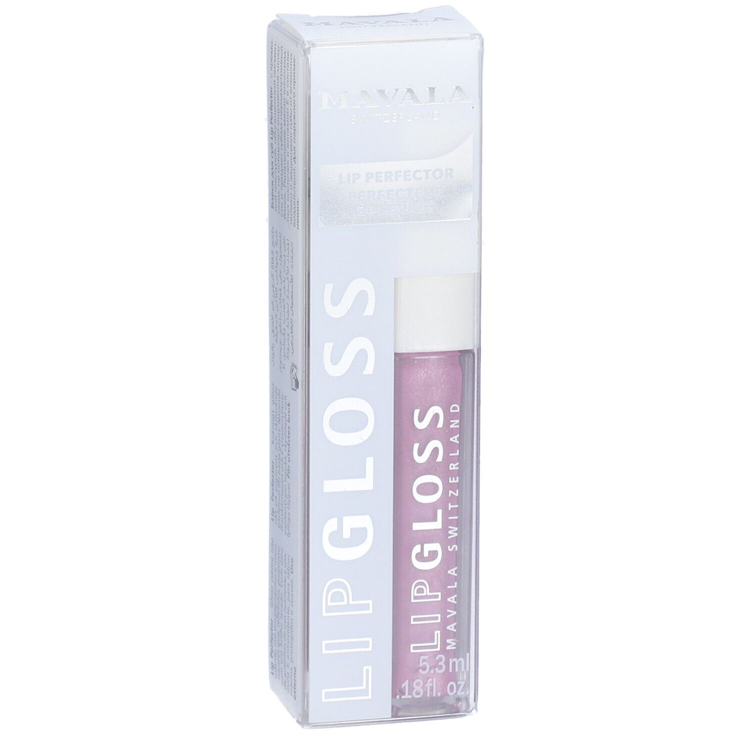 Lipgloss in Verpackung. Marke Mavala. Transparentes Gehäuse mit rosa Lipgloss. Text: Lipgloss, 5.3ml, 1.8 fl. oz.