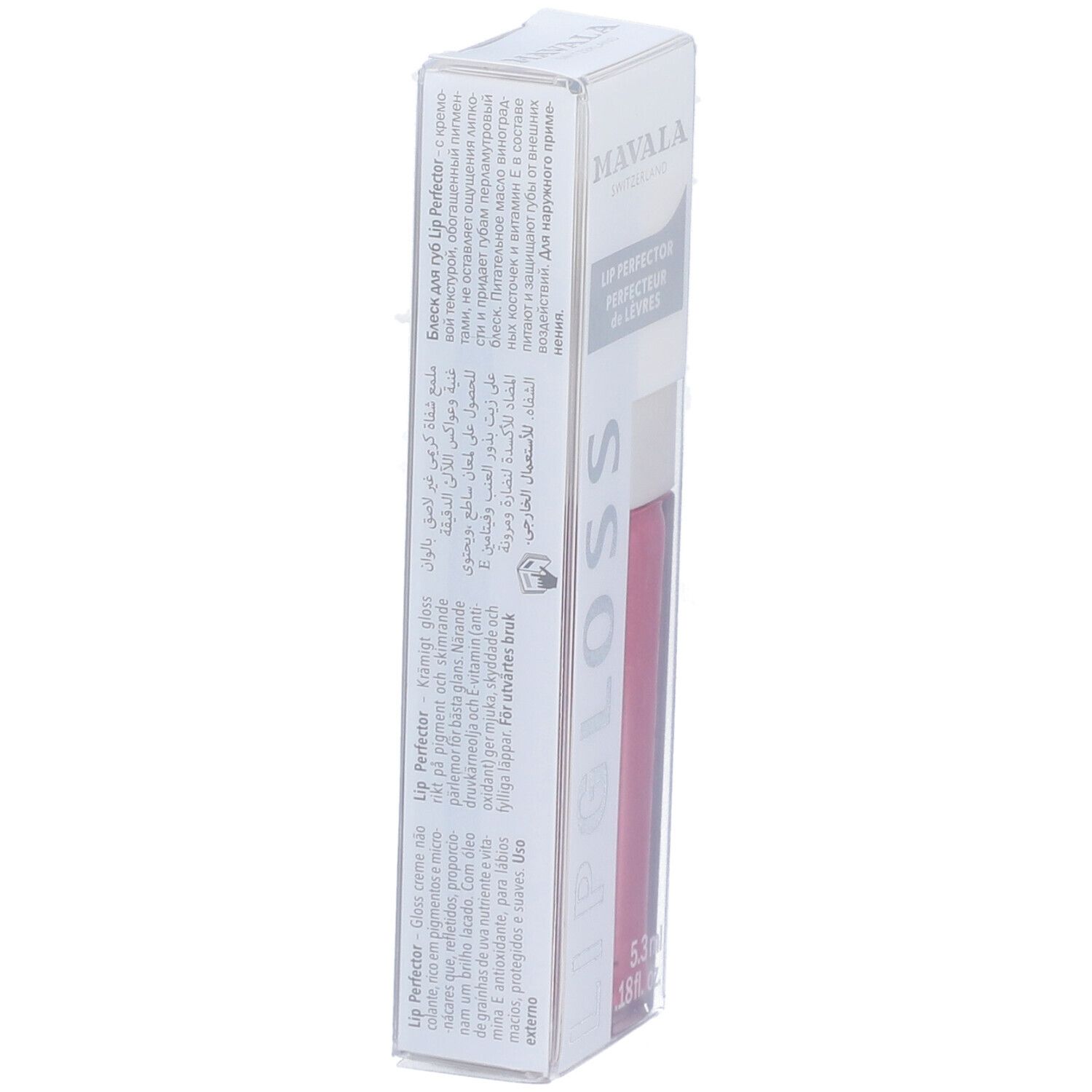 Emballage de Mavala Lipgloss. Inscription : LIPGLOSS, Lip Perfector. Tube de gloss rose dans un étui transparent. Texte multilingue.