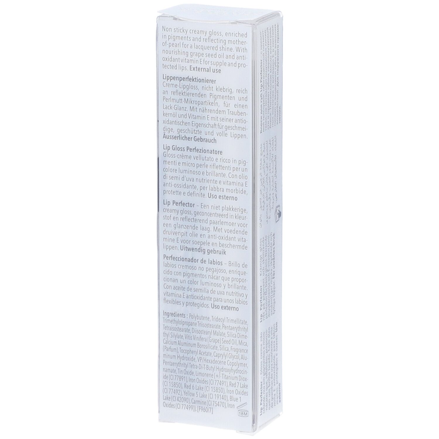 Dos de l'emballage du gloss Mavala. Texte multilingue. Ingrédients et instructions d'utilisation. Étui transparent.