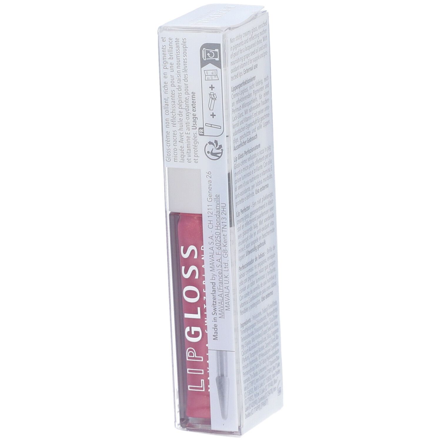 Côté de l'emballage du gloss Mavala. Inscription : LIPGLOSS. Tube de gloss rose dans un étui transparent. Texte multilingue.