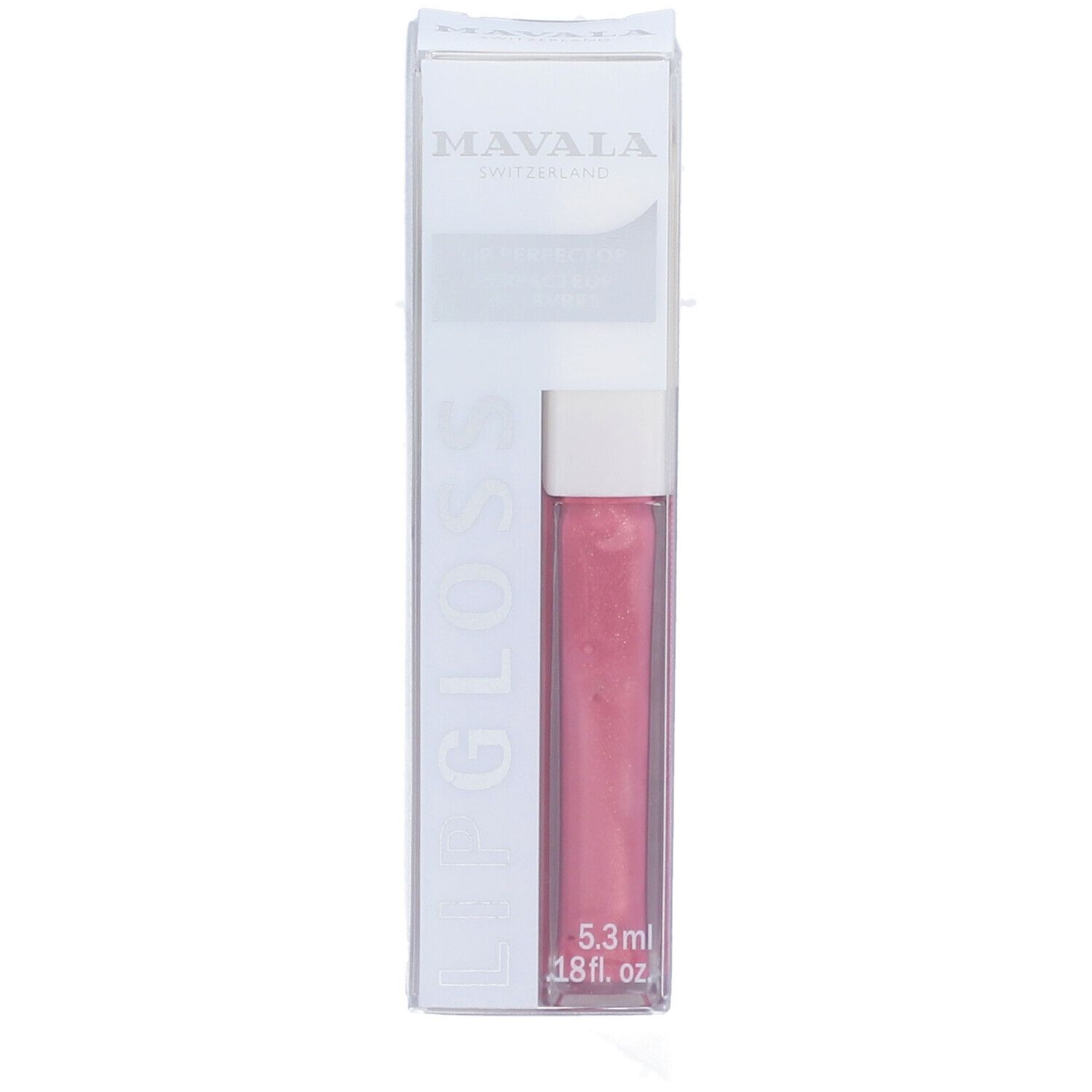 Mavala Lipgloss en emballage. Tube de gloss rose dans un étui transparent. Inscription : LIPGLOSS, 5.3ml, 18 fl. oz.