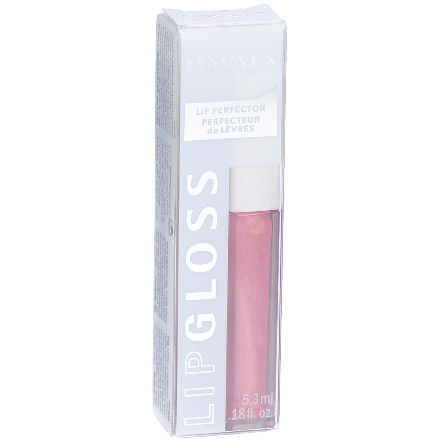 Mavala Lipgloss en emballage. Tube de gloss rose dans un étui transparent. Inscription : LIPGLOSS, 5.3ml, 18 fl. oz.