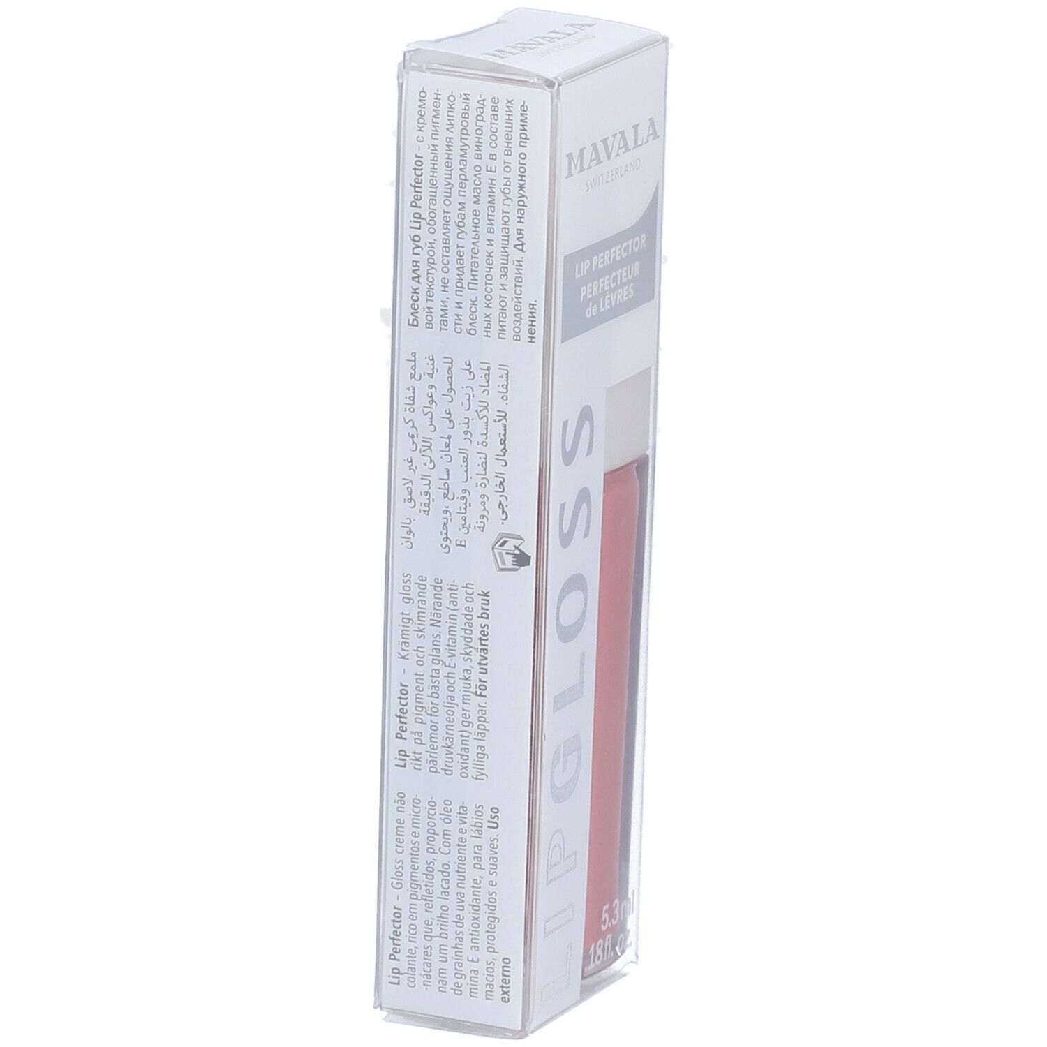 Mavala Lipgloss Aprikose en emballage. Teinte abricot. 5,3 ml. Texte sur l'emballage.