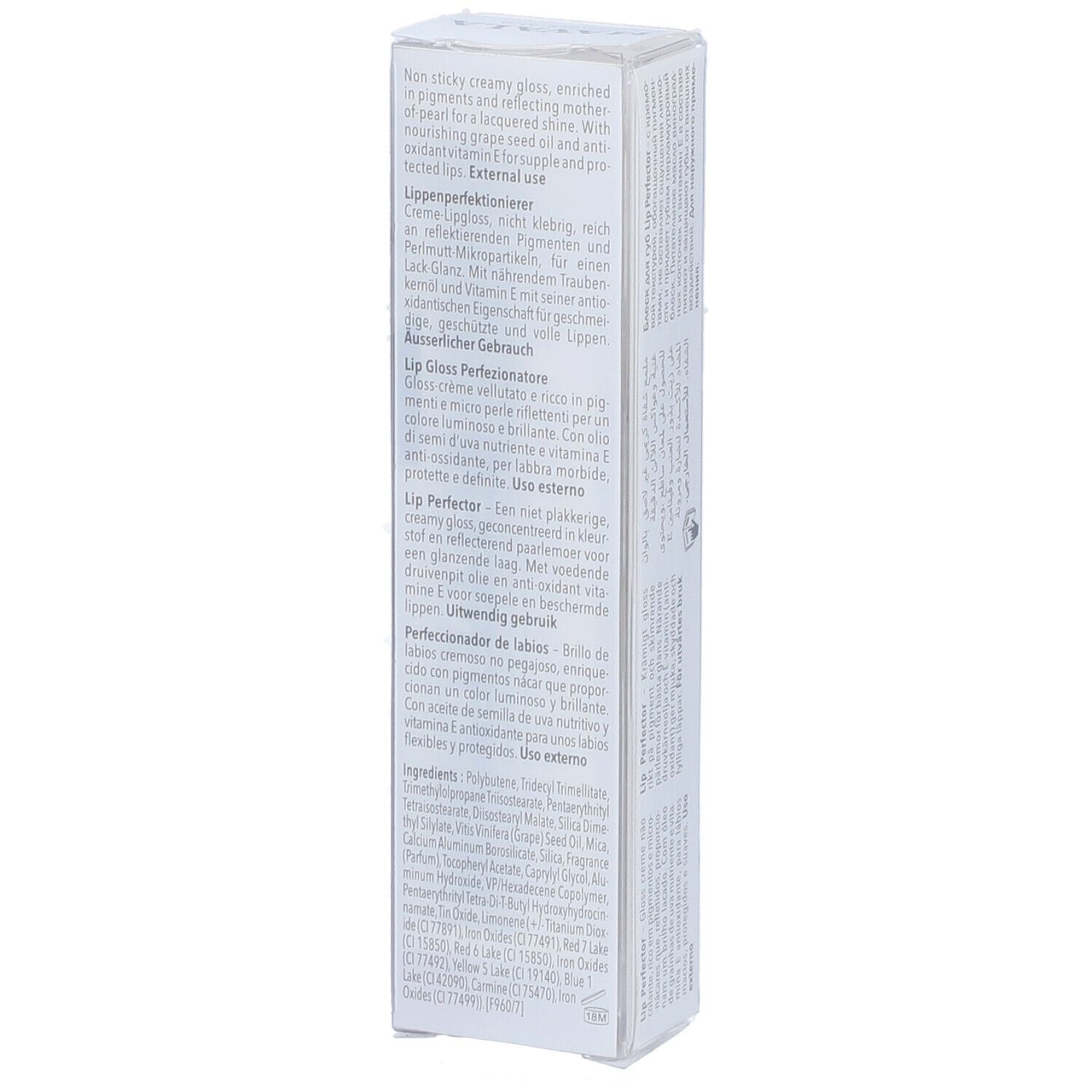 Emballage de Mavala Lipgloss Aprikose. Texte sur l'emballage. Ingrédients et instructions d'utilisation.