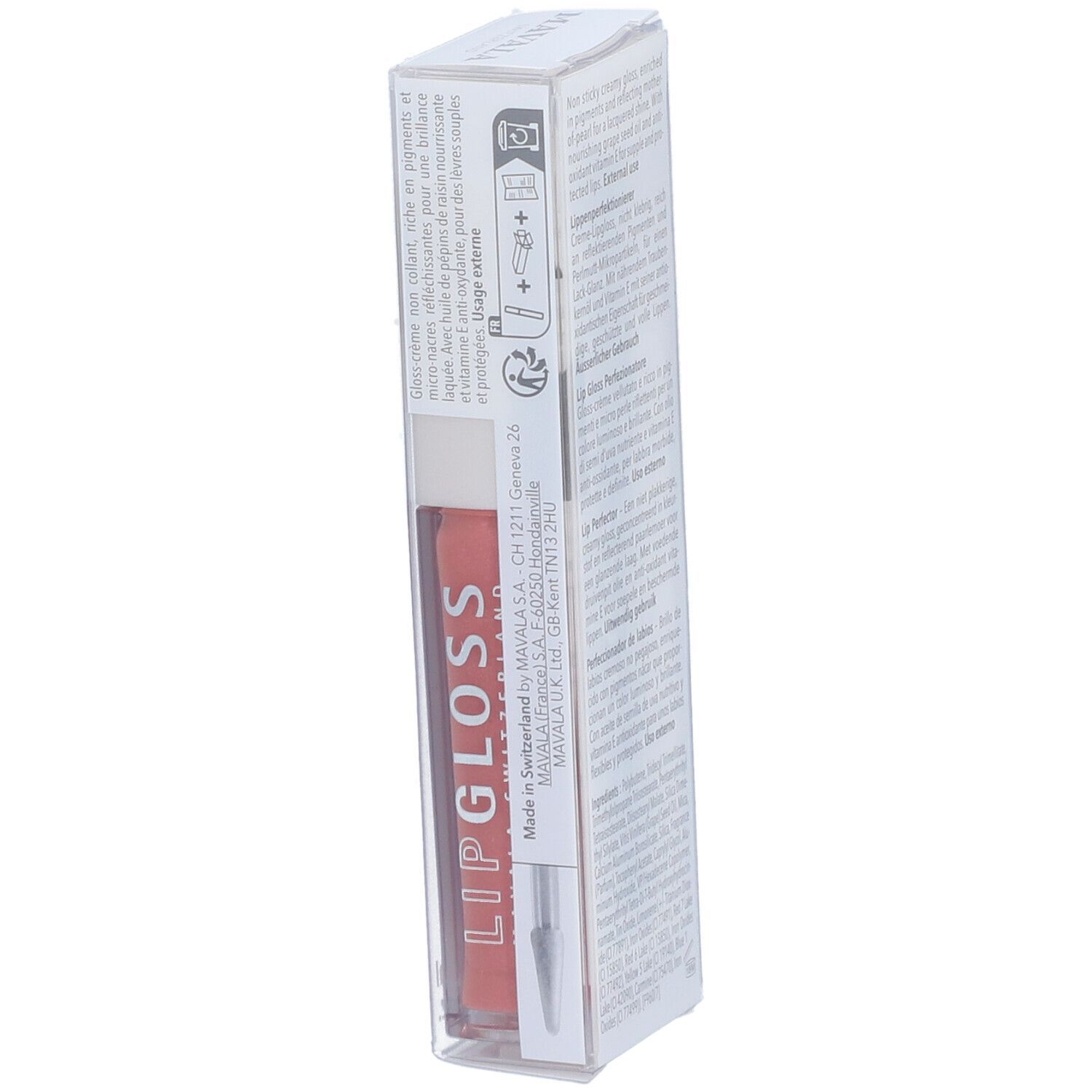 Emballage de Mavala Lipgloss Aprikose. Texte sur l'emballage. Lieu de fabrication : Suisse.