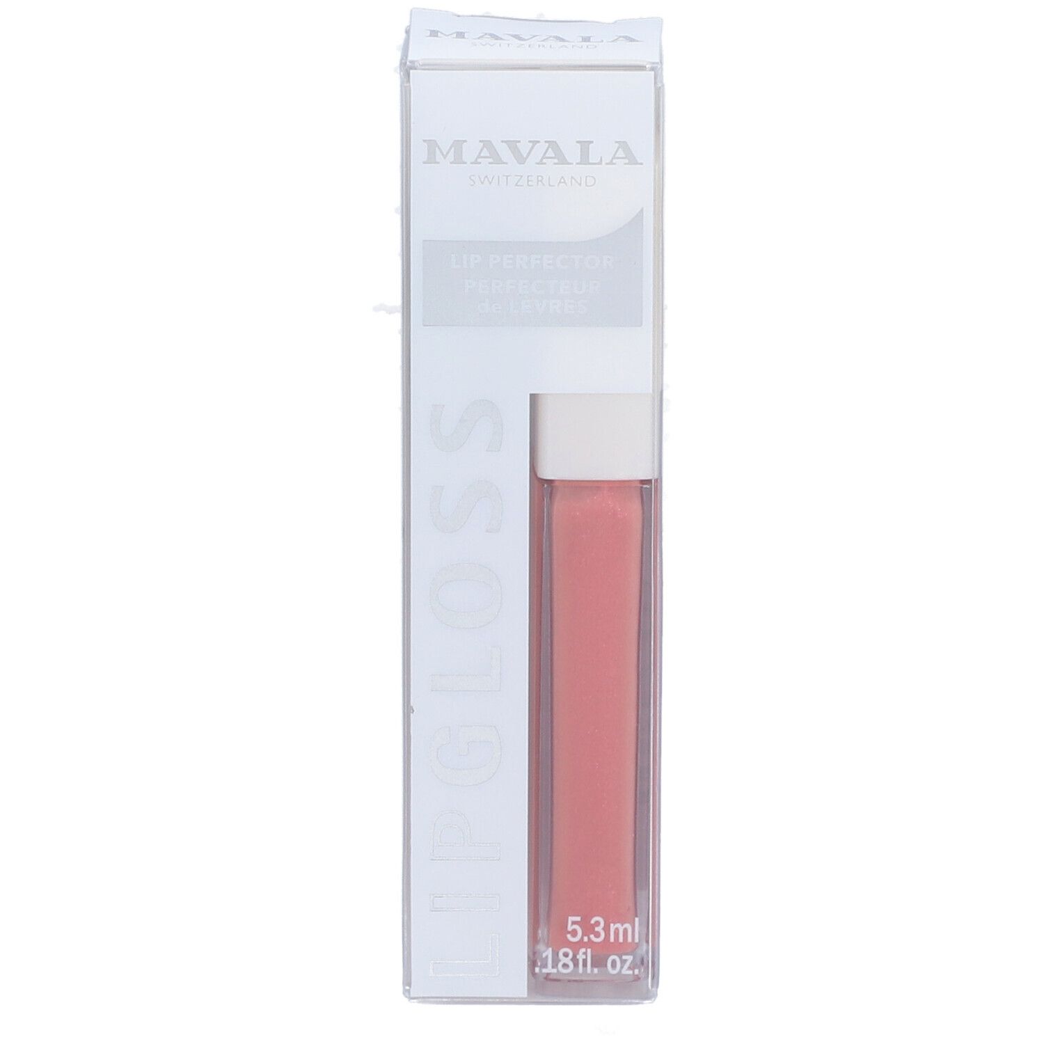 Mavala Lipgloss Aprikose en emballage. Teinte abricot. 5,3 ml. Avec applicateur. Boîtier transparent.