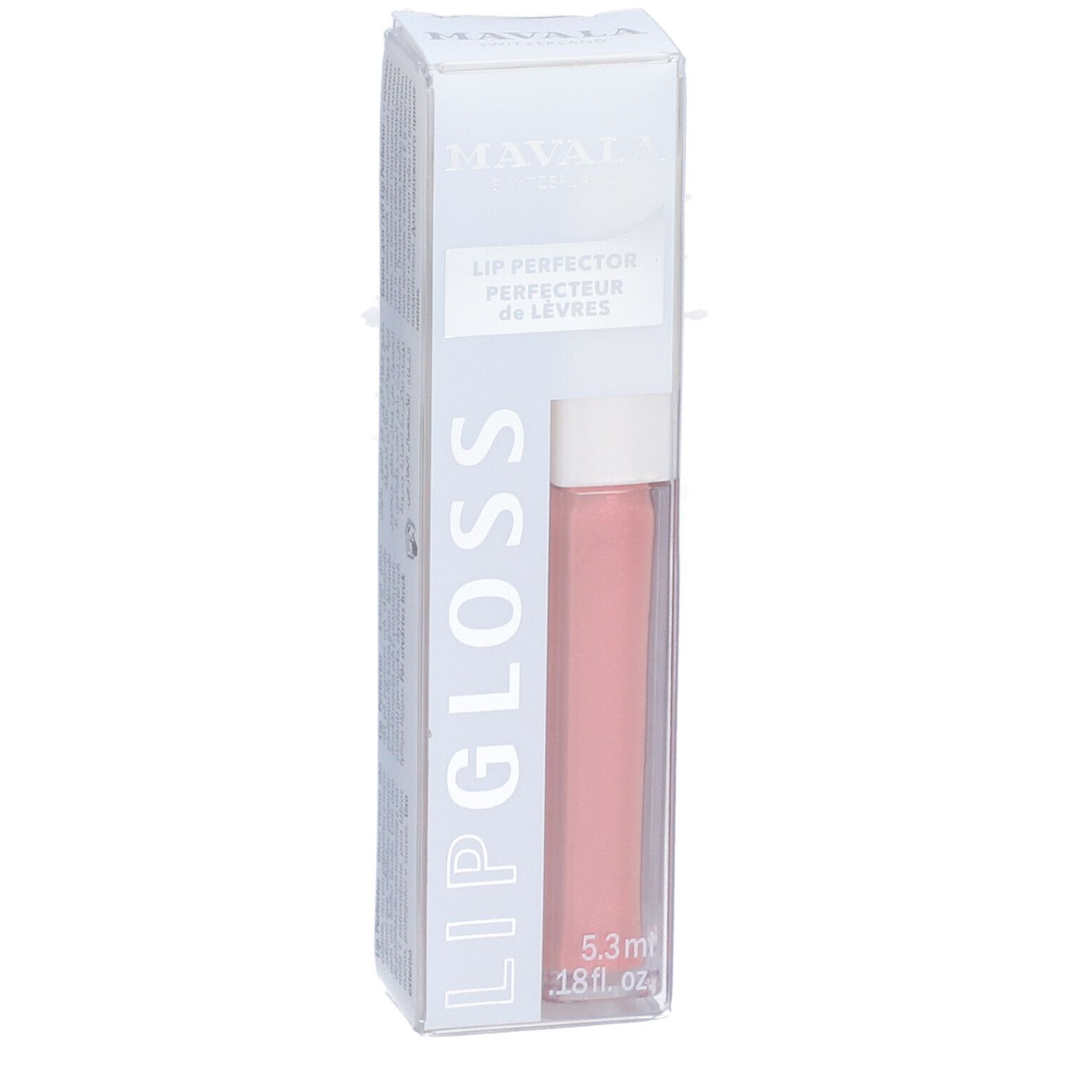 Mavala Lipgloss Aprikose en emballage. Teinte rose. 5,3 ml. Avec applicateur. Boîtier transparent.