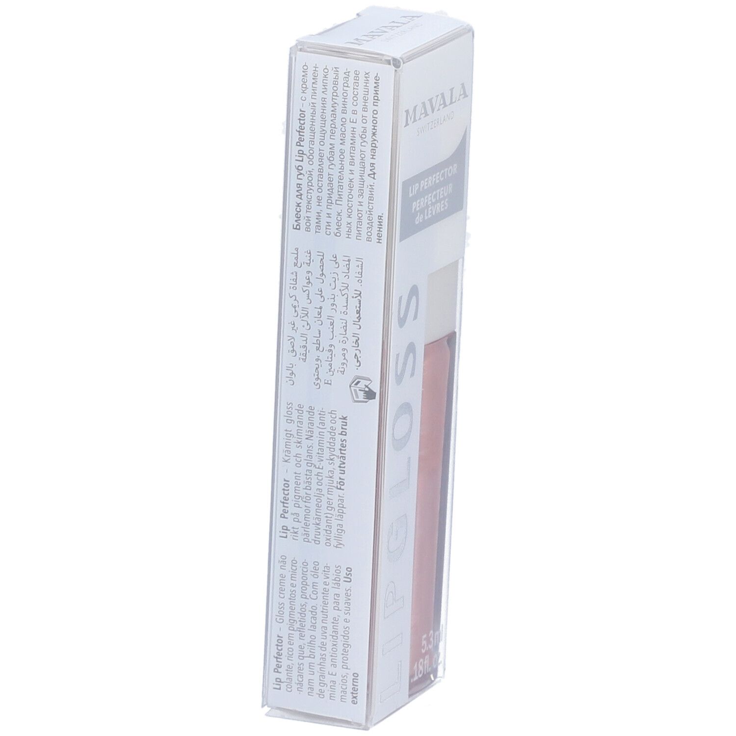 Verpackung von Mavala Lipgloss Mirabelle. Text in mehreren Sprachen. Rosa Lipgloss sichtbar.