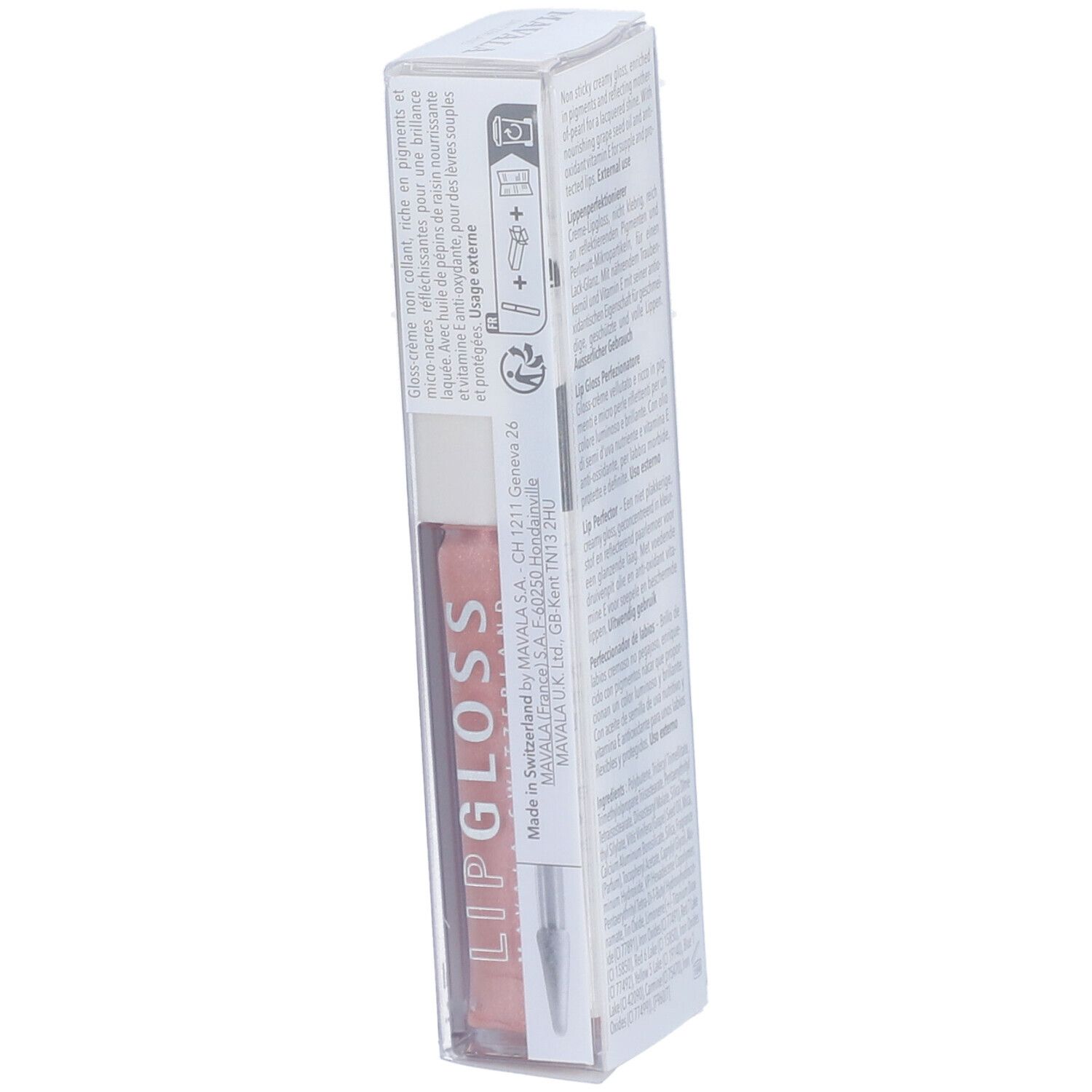 Verpackung von Mavala Lipgloss Mirabelle. Text in mehreren Sprachen. Herkunftsland: Schweiz.