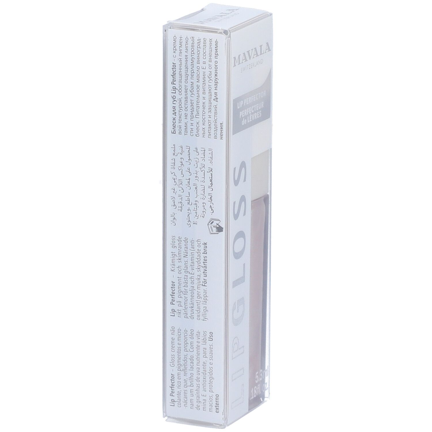 Emballage de Mavala Lipgloss Granita. Texte en plusieurs langues. Produit visible dans un boîtier transparent.