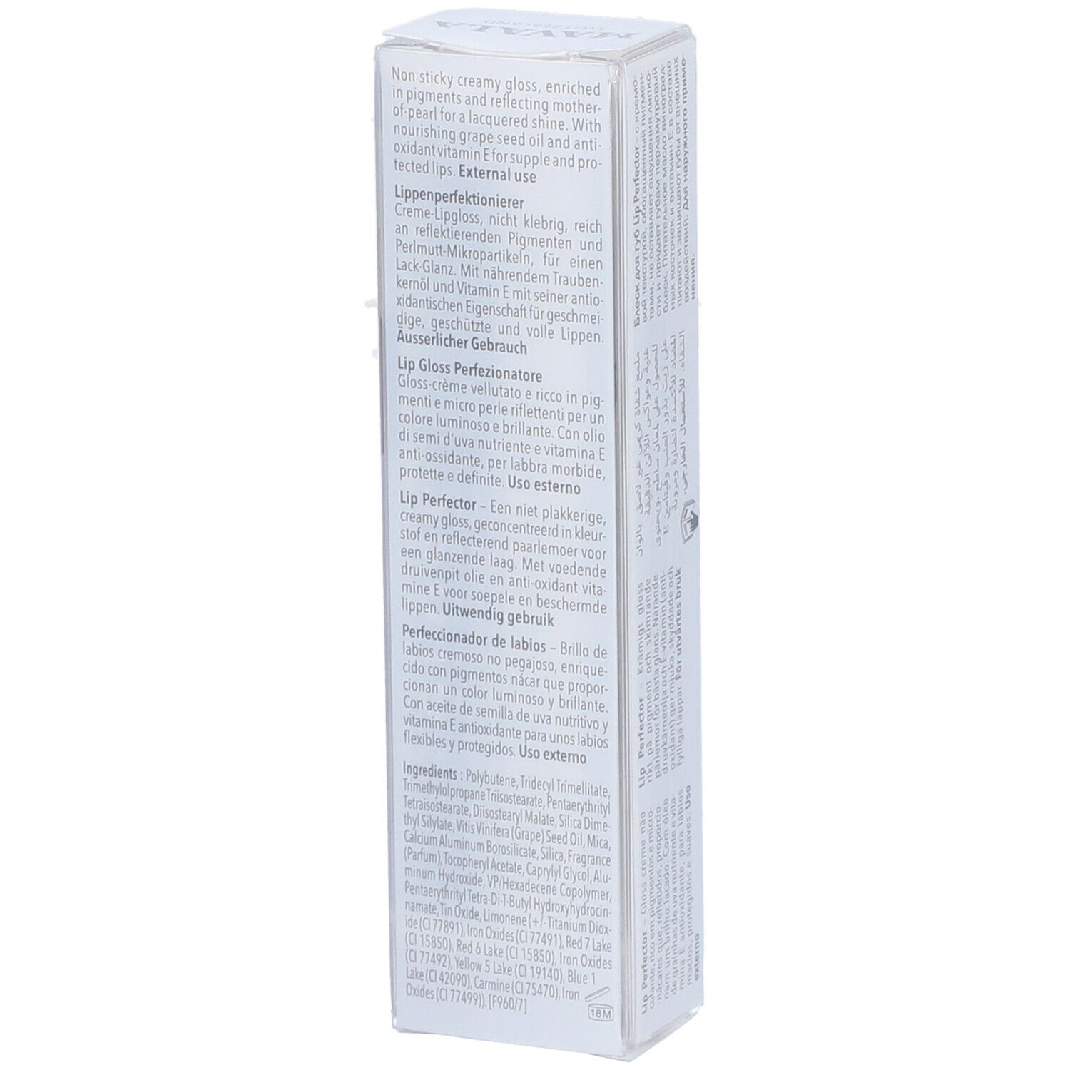 Dos de l'emballage de Mavala Lipgloss Granita. Texte en plusieurs langues. Ingrédients et utilisation.
