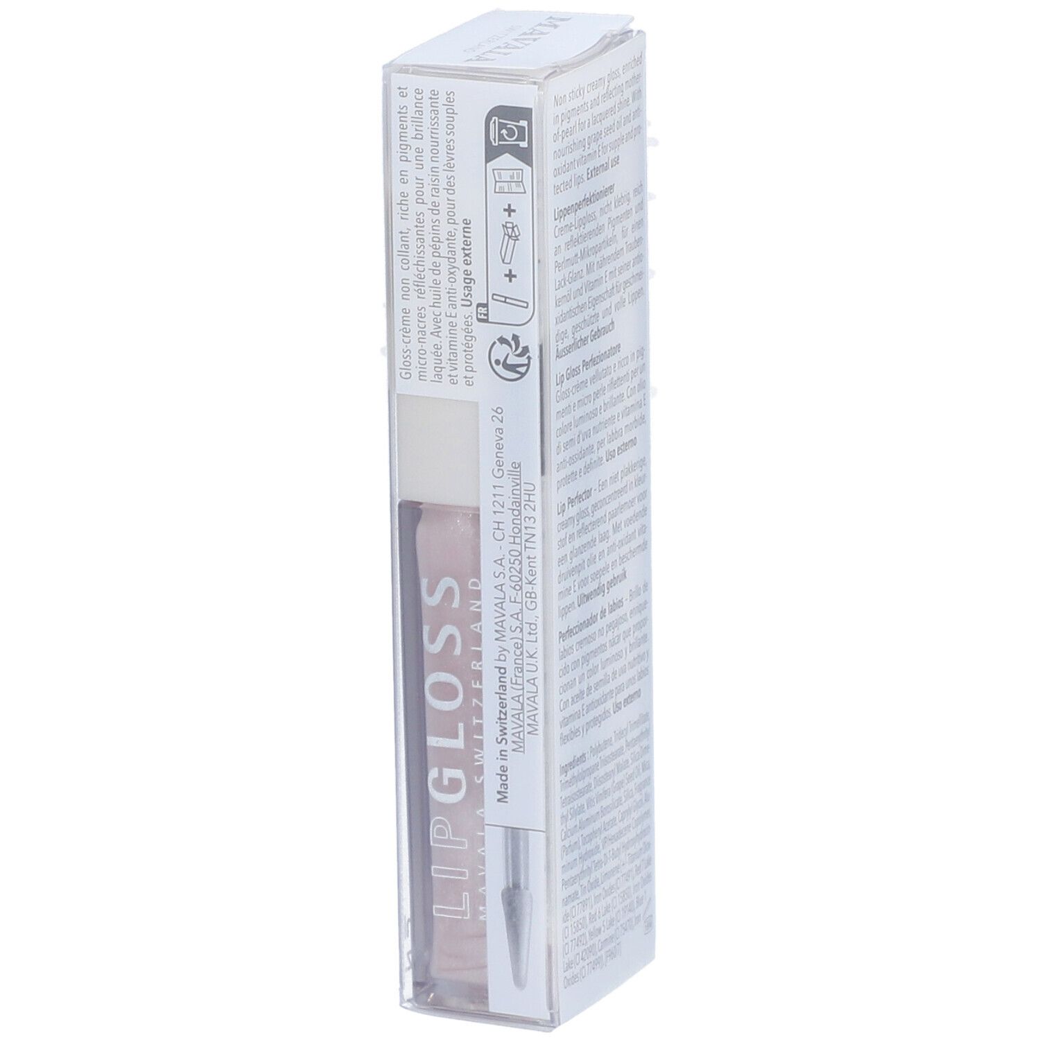 Emballage de Mavala Lipgloss Granita. Produit dans un boîtier transparent. Texte et instructions.