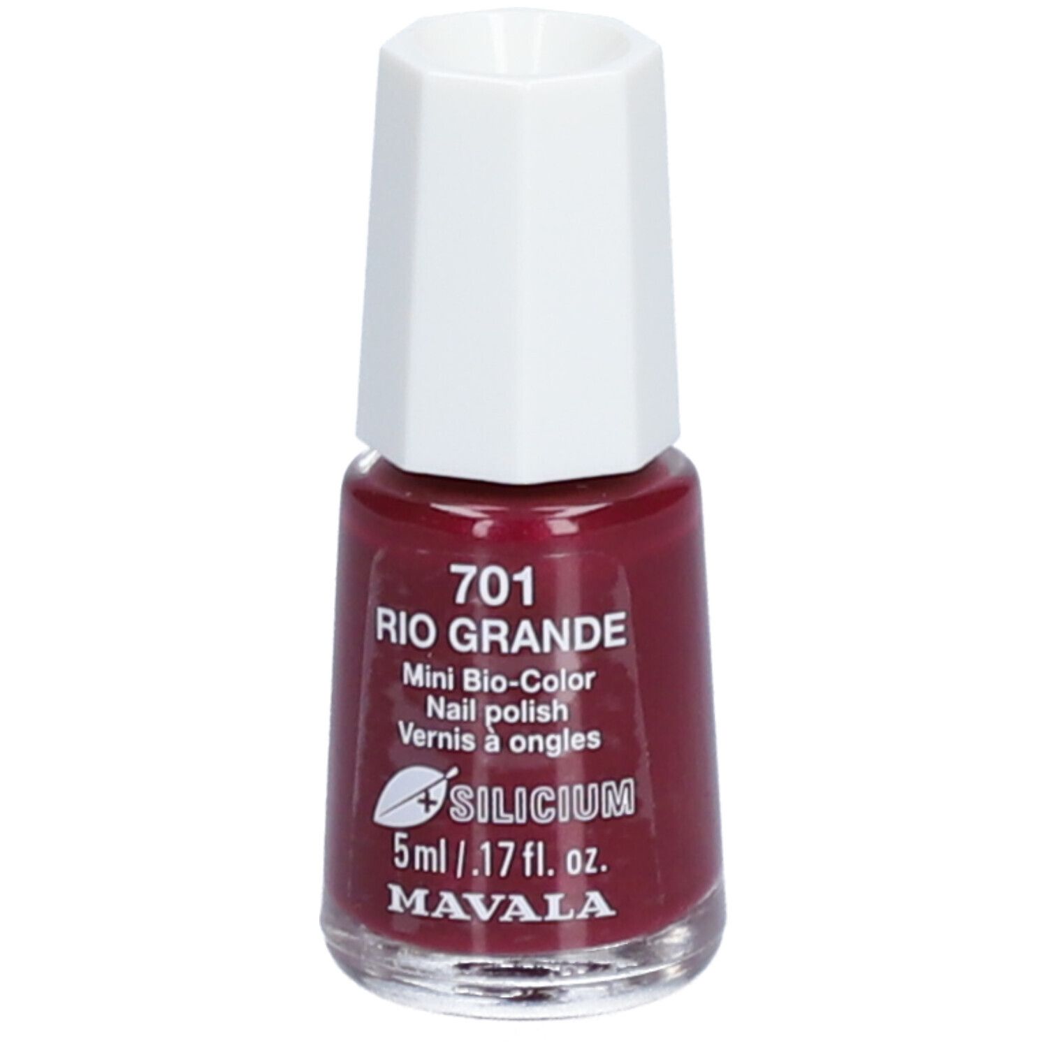 Nagellakfles, roodbruine kleur. Witte, achthoekige dop. Opschrift: 701 Rio Grande, Mini Bio-Color, 5ml, Mavala.