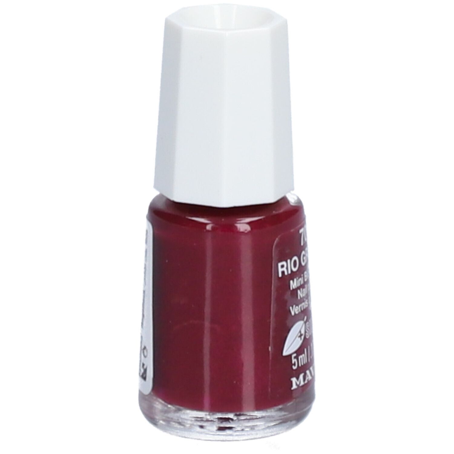 Nagellakfles, roodbruine kleur. Witte, achthoekige dop. Opschrift: 701 Rio Grande, Mini Bio-Color, 5ml, Mavala.