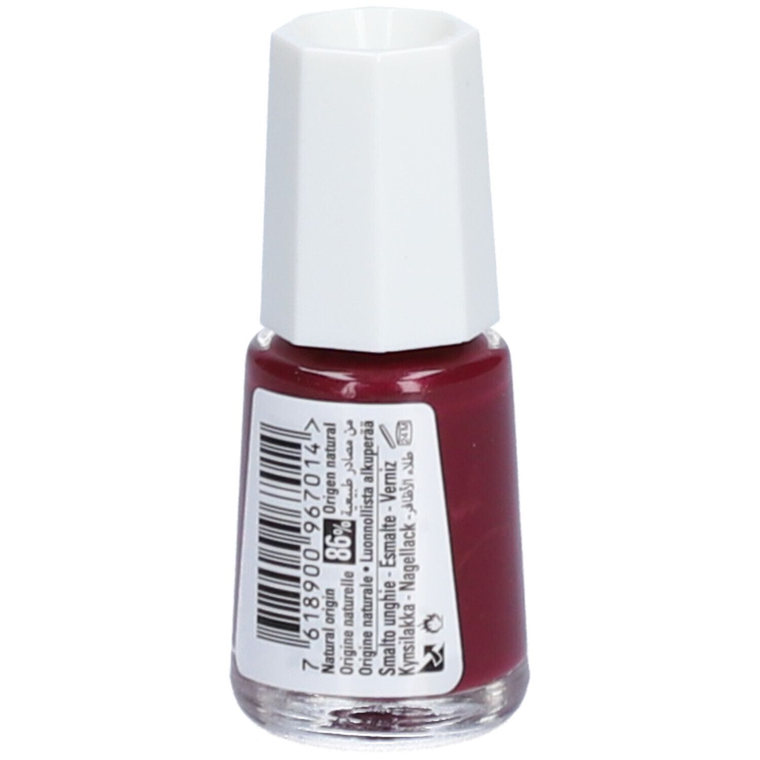 Nagellakfles, roodbruine kleur. Witte, achthoekige dop. Barcode-etiket op de achterkant. Opschrift: 86% origine naturelle.