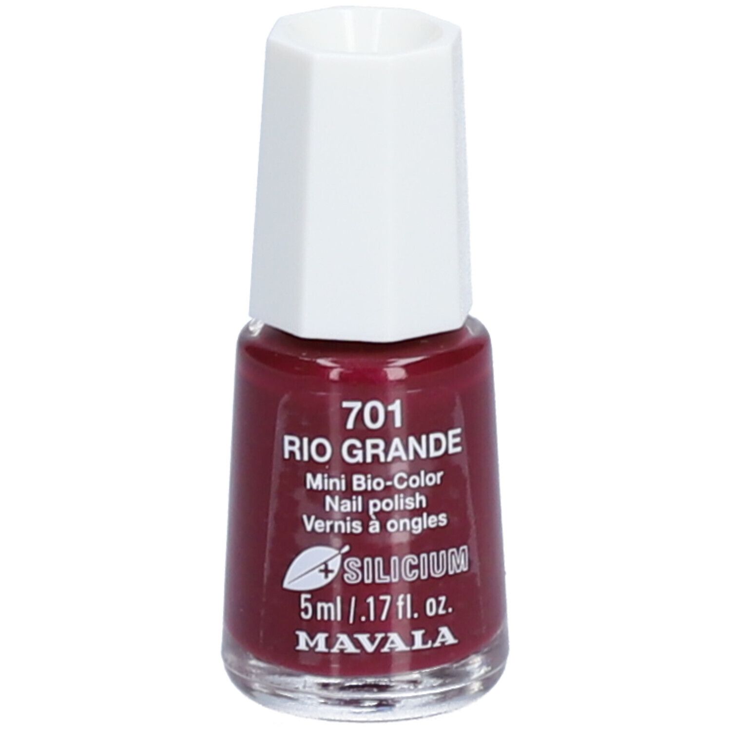Nagellakfles, roodbruine kleur. Witte, achthoekige dop. Opschrift: 701 Rio Grande, Mini Bio-Color, 5ml, Mavala.
