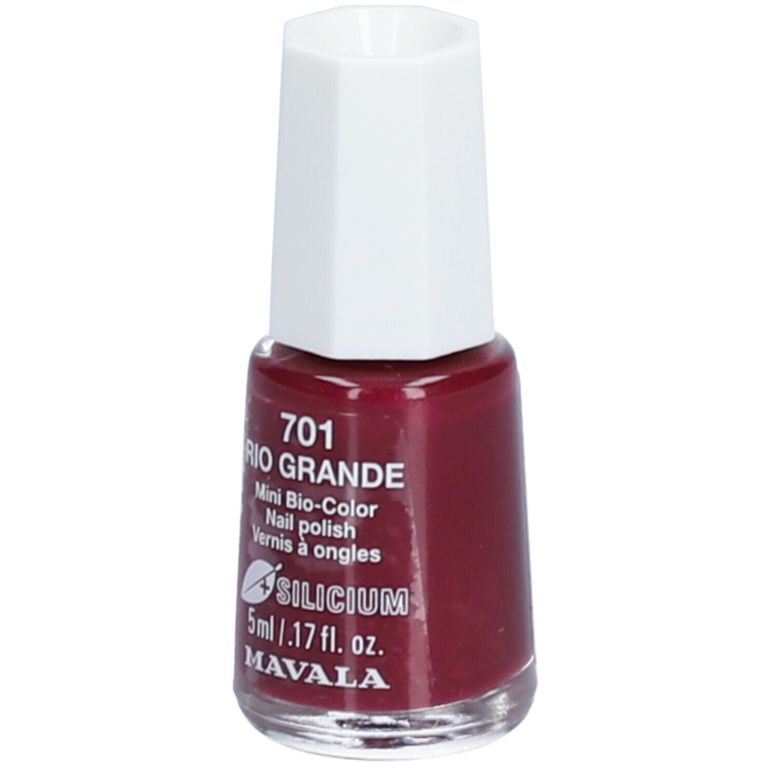 Nagellakfles, roodbruine kleur. Witte, achthoekige dop. Opschrift: 701 Rio Grande, Mini Bio-Color, 5ml, Mavala.