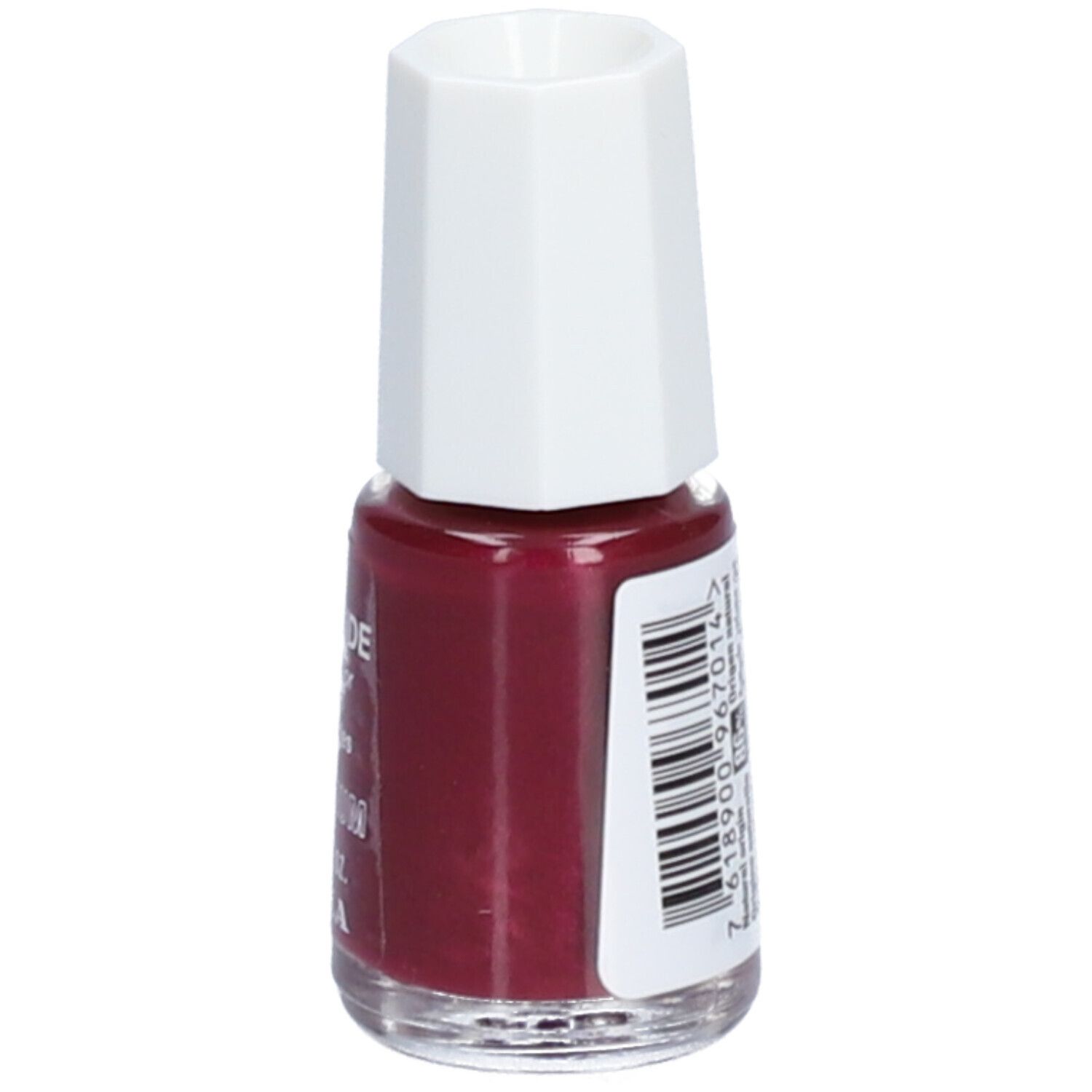 Nagellakfles, roodbruine kleur. Witte, achthoekige dop. Barcode-etiket op de achterkant.