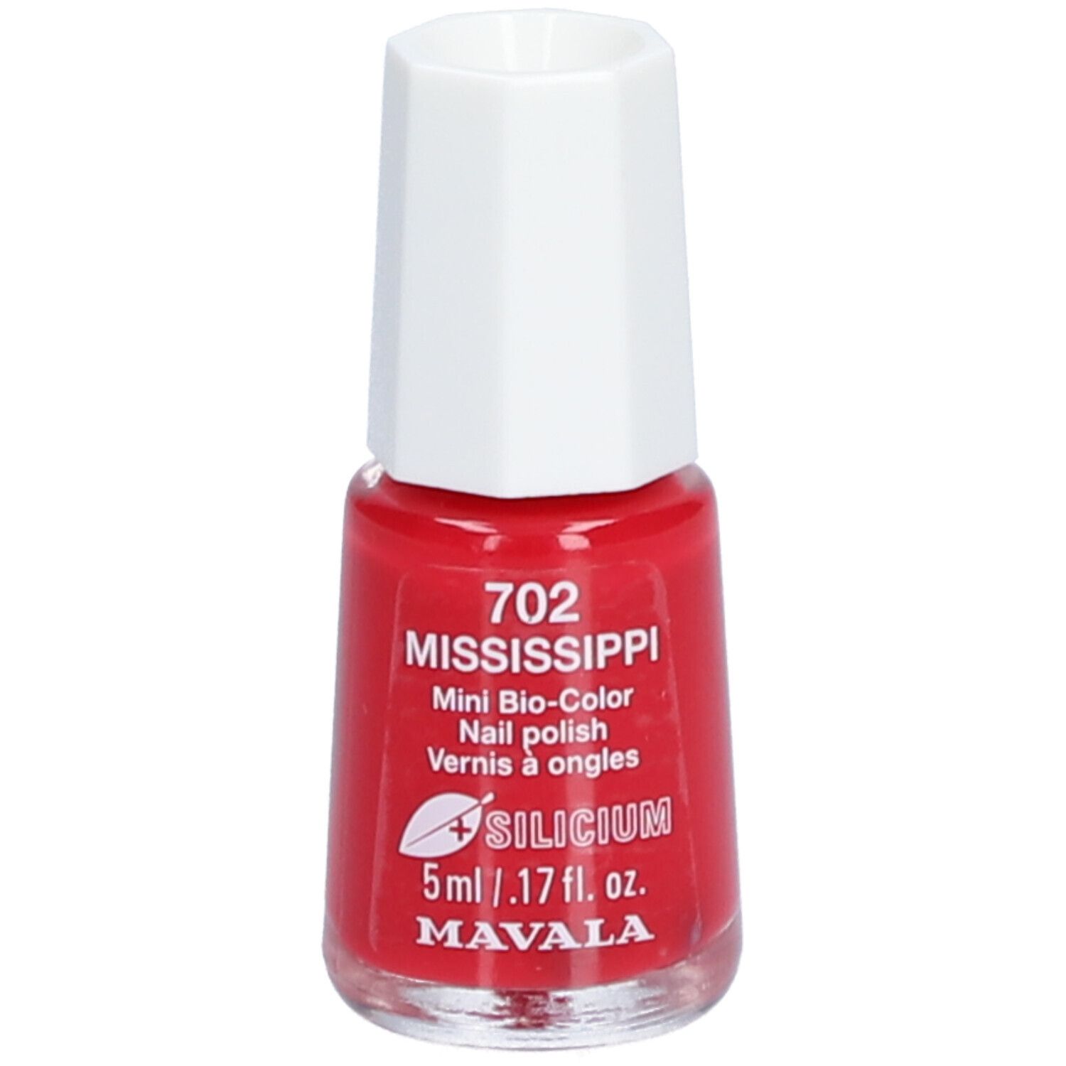 Flacon de vernis à ongles rouge avec bouchon blanc. Inscriptions: 702 Mississippi, Mini Bio-Color, 5ml, Silicium, Mavala.