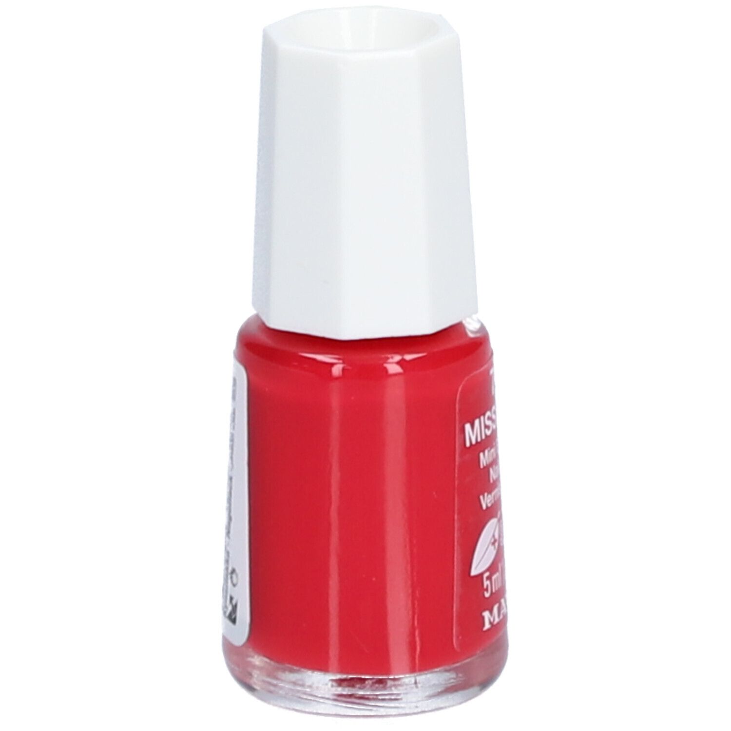 Flacon de vernis à ongles rouge avec bouchon blanc, vue latérale. Inscriptions partiellement visibles.