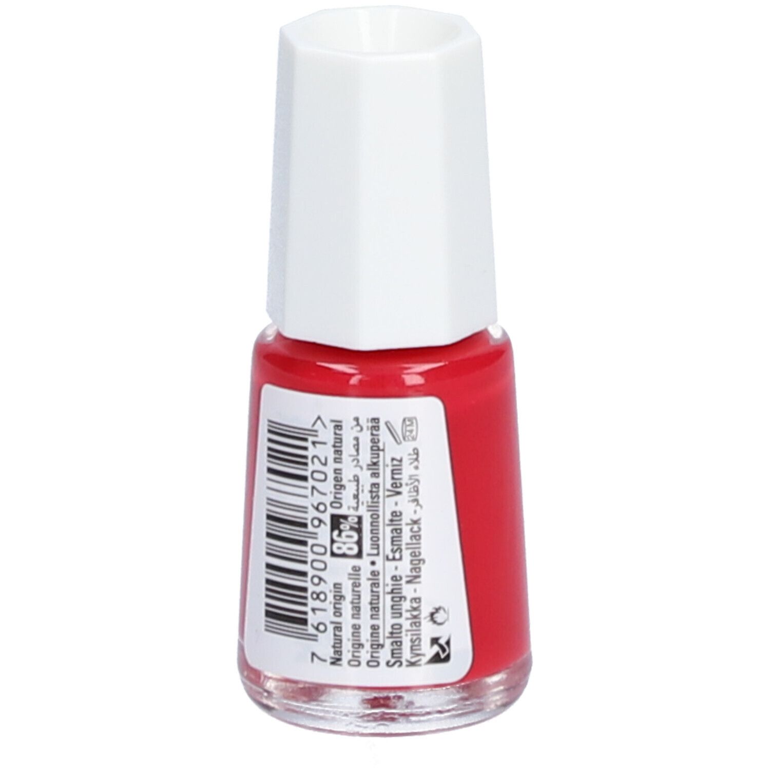 Flacon de vernis à ongles rouge avec bouchon blanc. Dos avec code-barres et texte multilingue.
