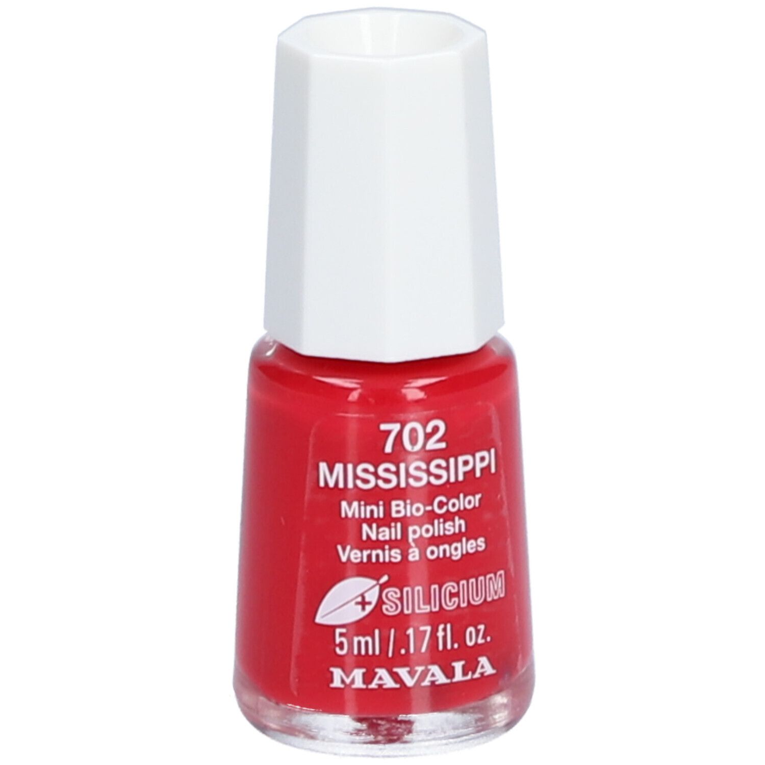 Flacon de vernis à ongles rouge avec bouchon blanc. Inscriptions: 702 Mississippi, Mini Bio-Color, 5ml, Silicium, Mavala.