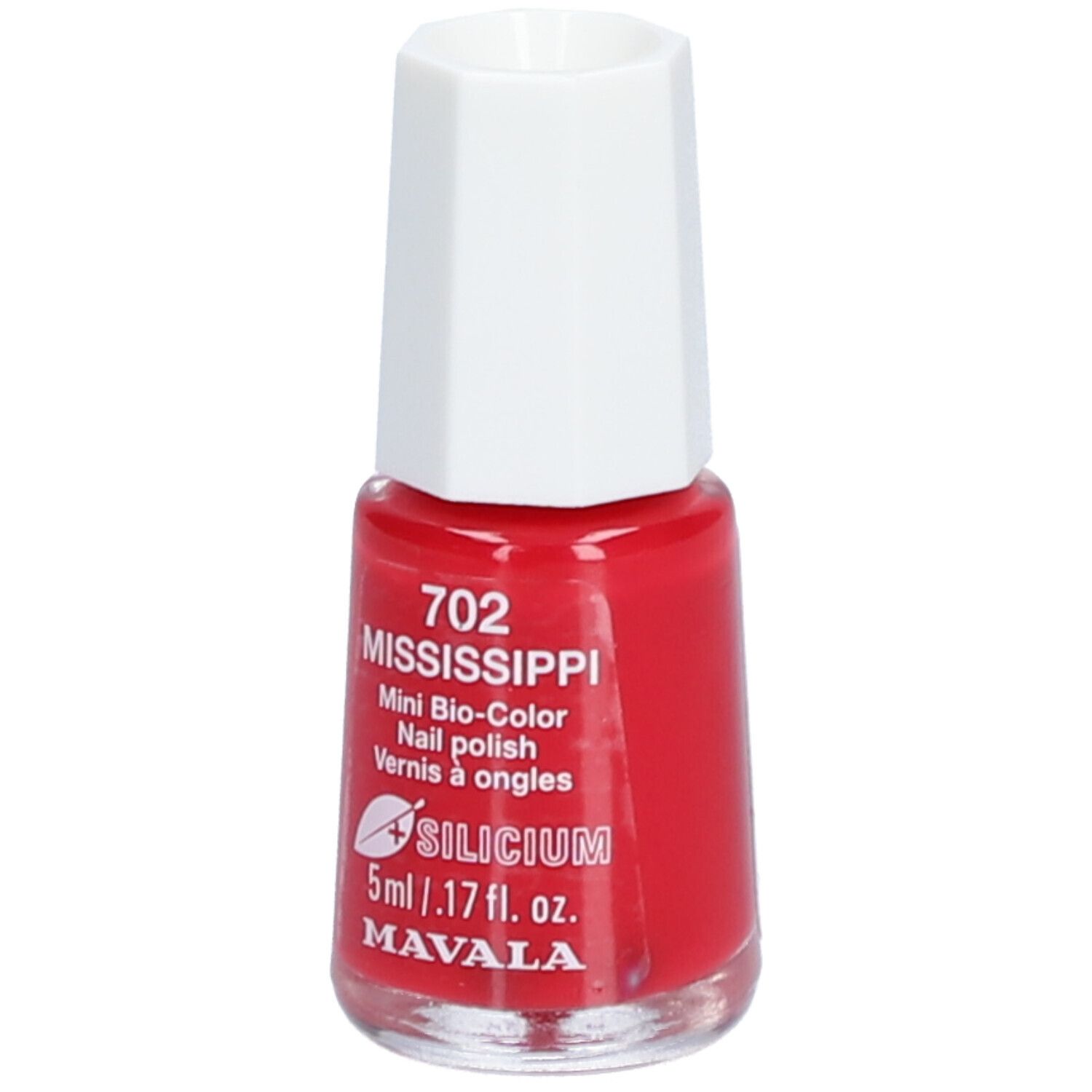 Flacon de vernis à ongles rouge avec bouchon blanc. Inscriptions: 702 Mississippi, Mini Bio-Color, 5ml, Silicium, Mavala.