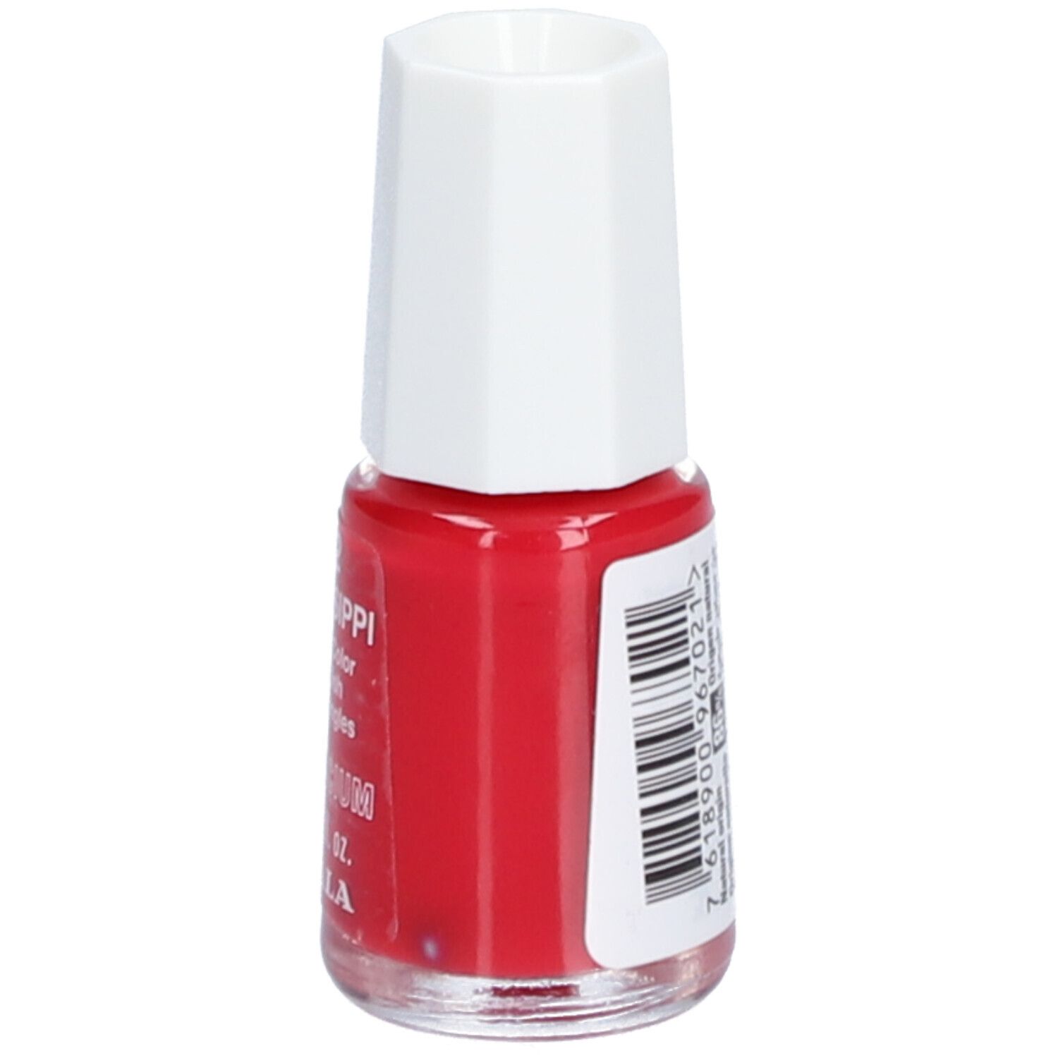 Flacon de vernis à ongles rouge avec bouchon blanc. Dos avec code-barres et texte.